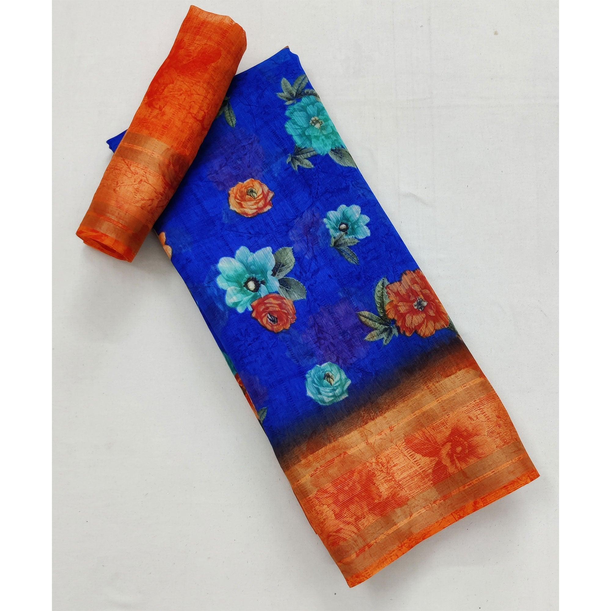 Royal Blue Casual Wear Floral Printed Cotton Saree With Woven Border - Peachmode