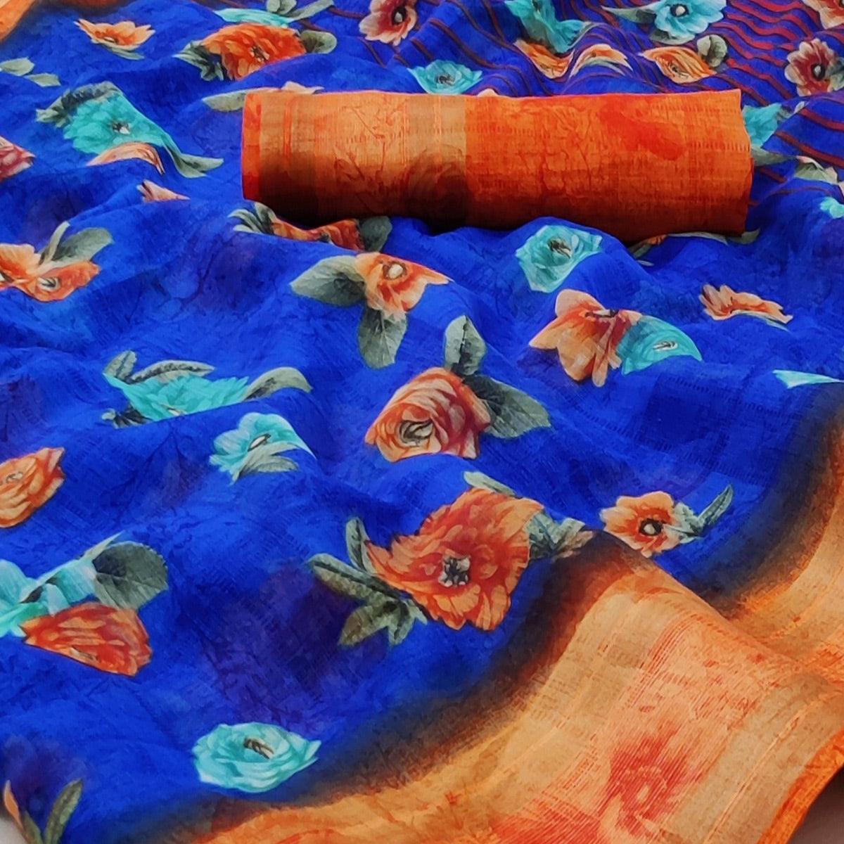 Royal Blue Casual Wear Floral Printed Cotton Saree With Woven Border - Peachmode