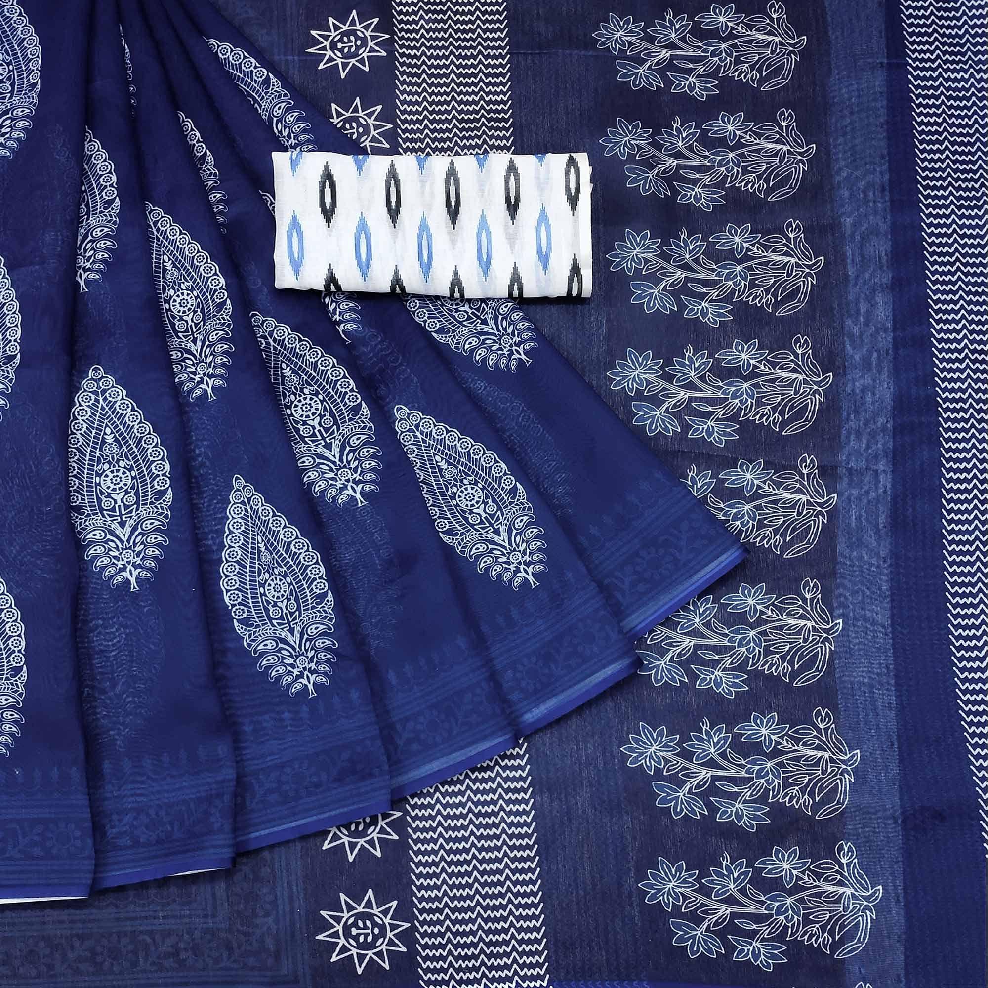 Royal Blue Casual Wear Printed Chanderi Saree - Peachmode