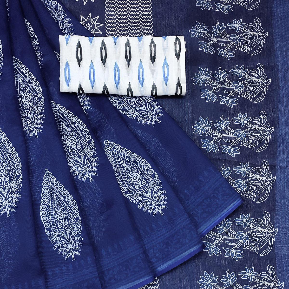 Royal Blue Casual Wear Printed Chanderi Saree - Peachmode