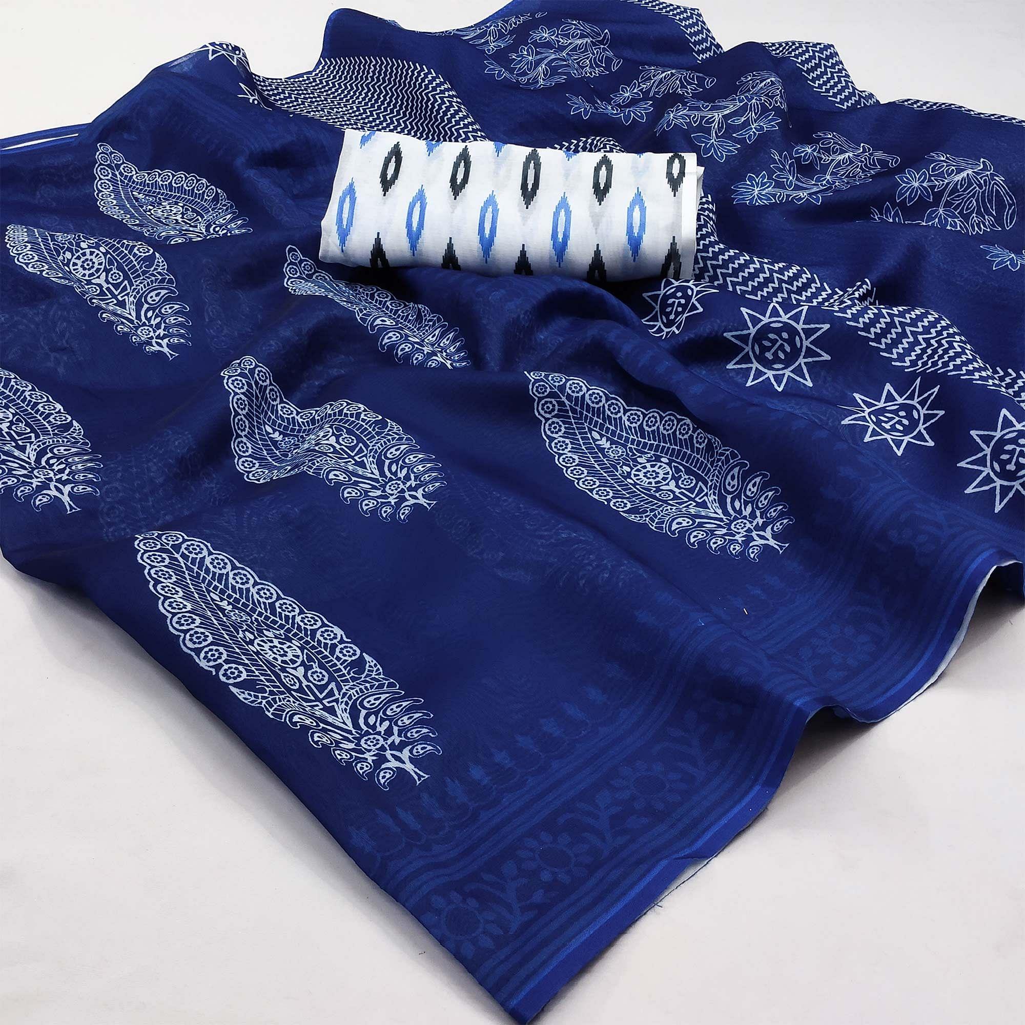 Royal Blue Casual Wear Printed Chanderi Saree - Peachmode