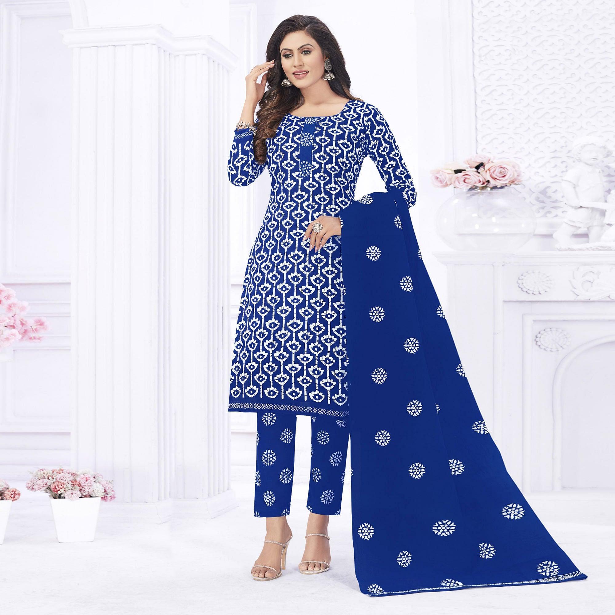 Royal Blue Casual Wear Printed Cotton Dress Material