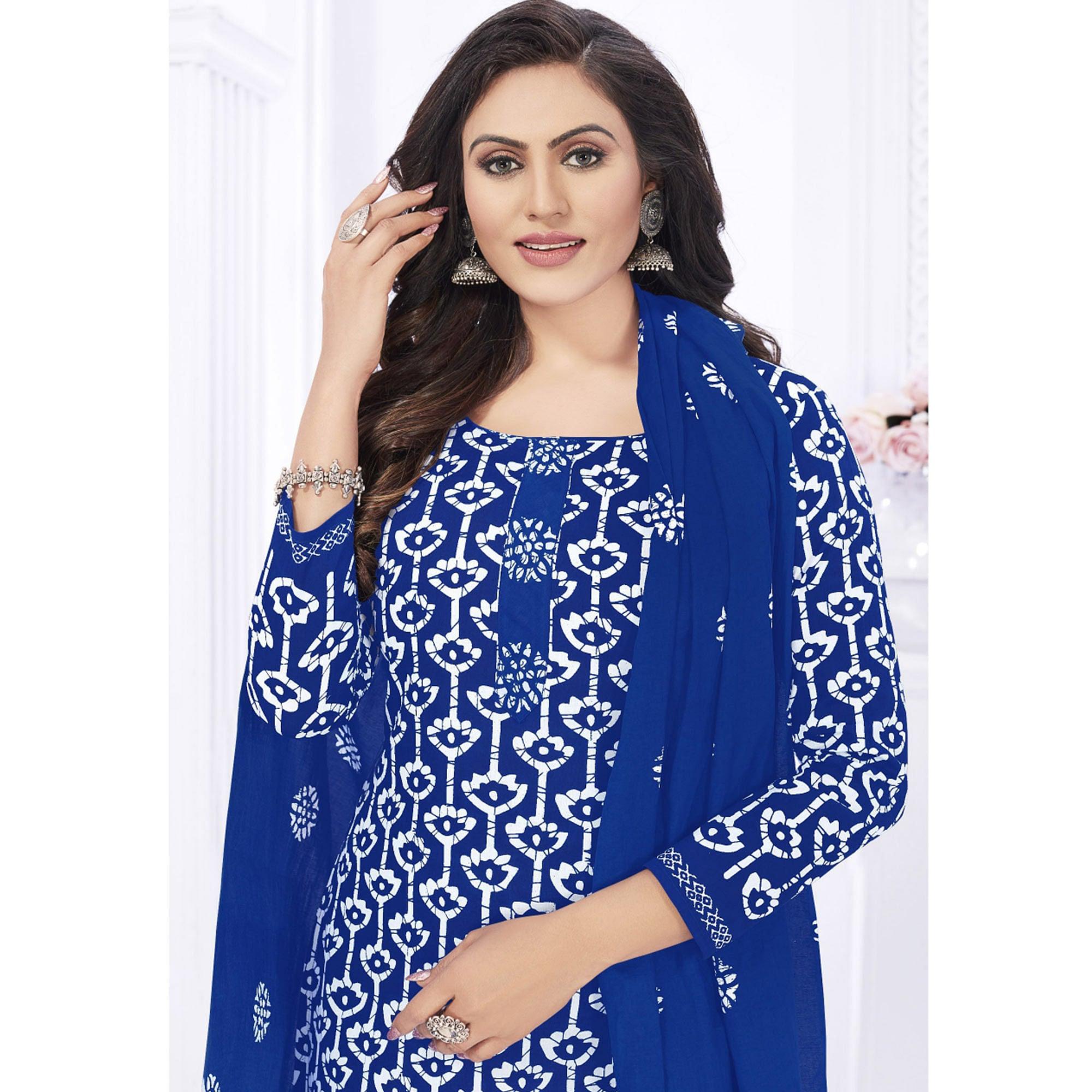Royal Blue Casual Wear Printed Cotton Dress Material
