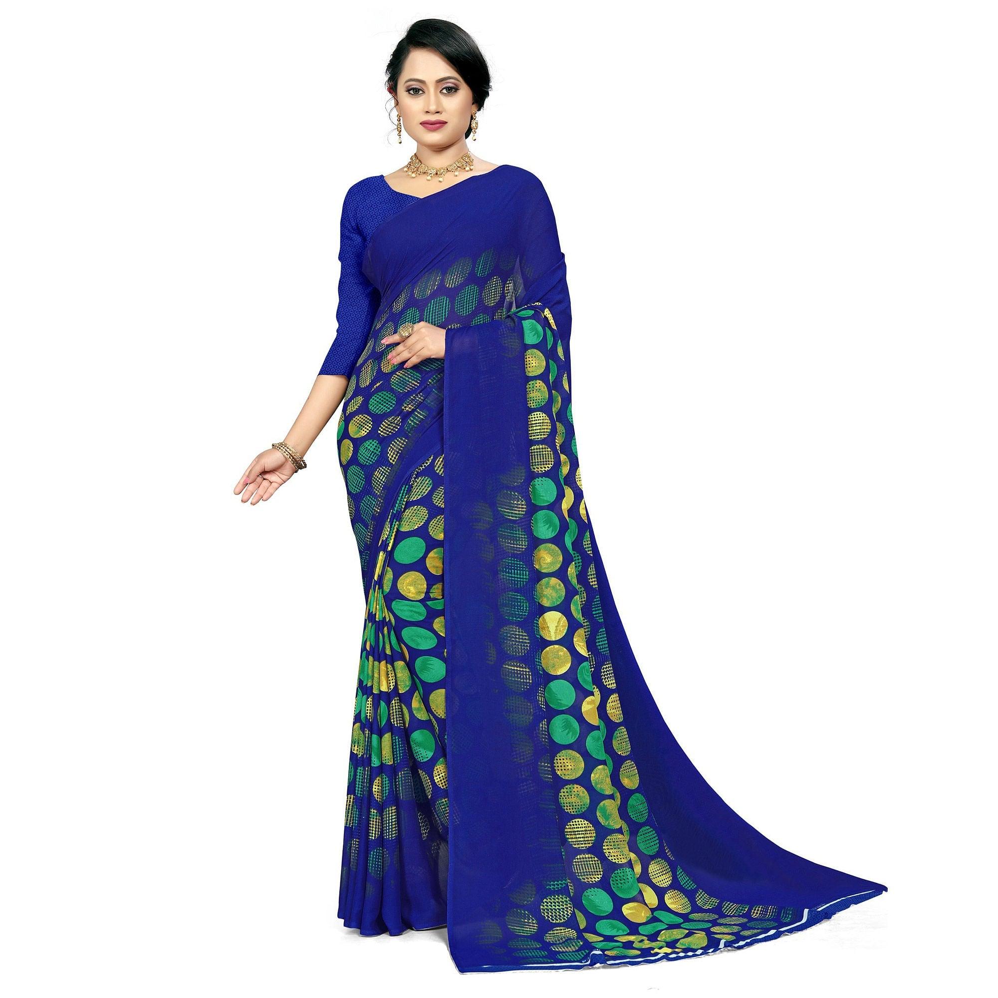 Royal Blue Casual Wear Printed Georgette Saree - Peachmode
