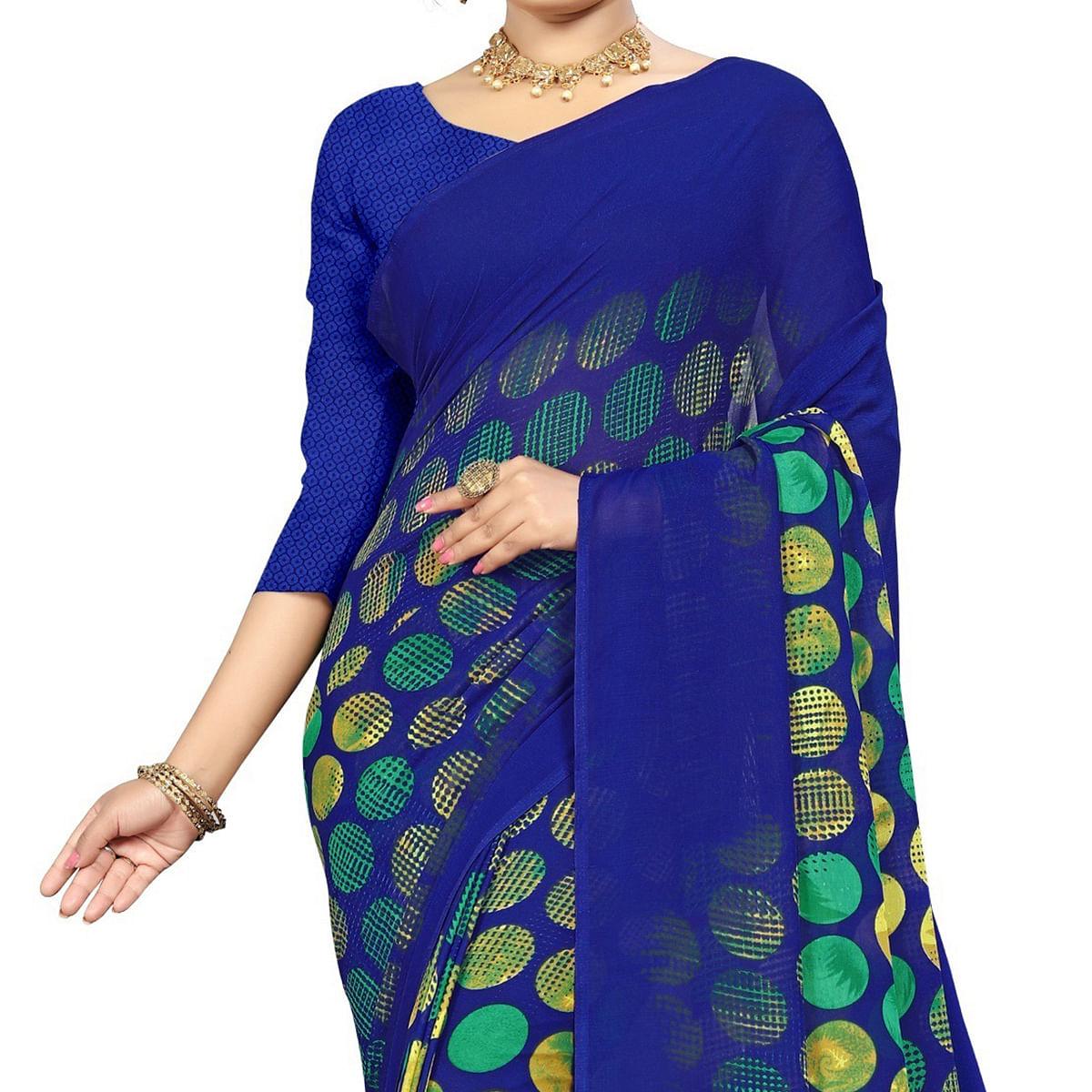Royal Blue Casual Wear Printed Georgette Saree - Peachmode