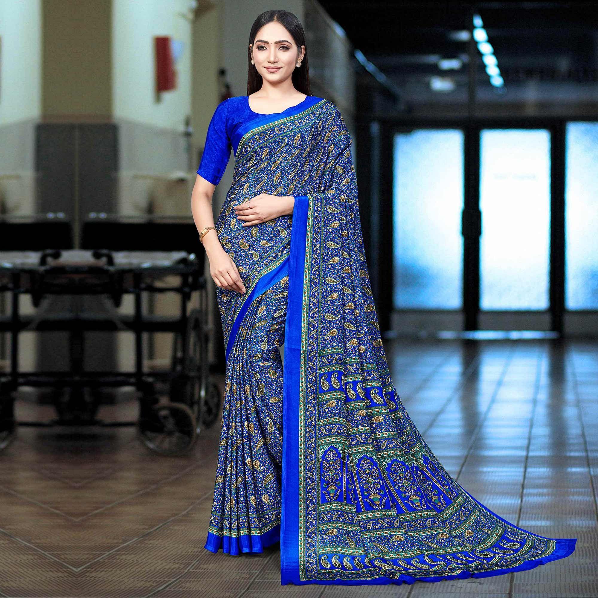 Royal Blue Casual Wear Printed Silk Saree - Peachmode