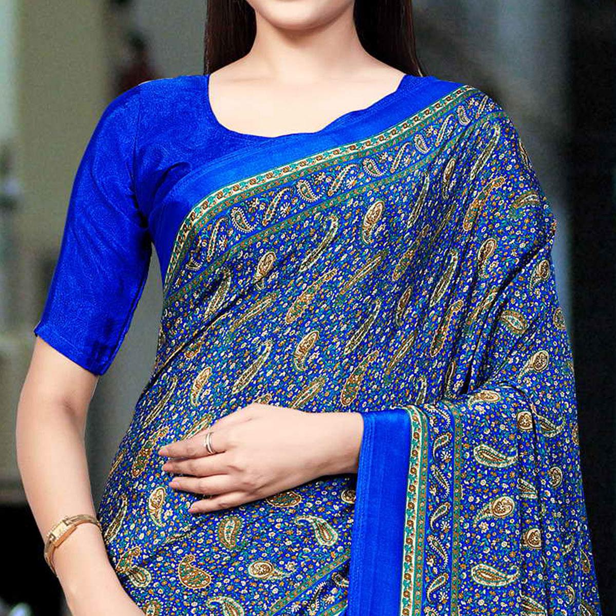 Royal Blue Casual Wear Printed Silk Saree - Peachmode