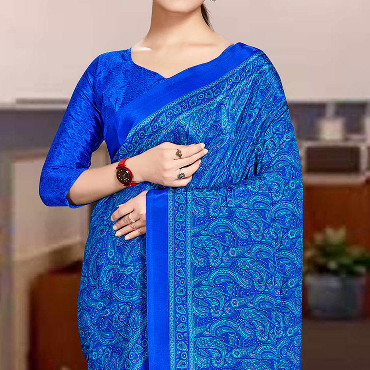 Royal Blue Casual Wear Printed Silk Saree - Peachmode