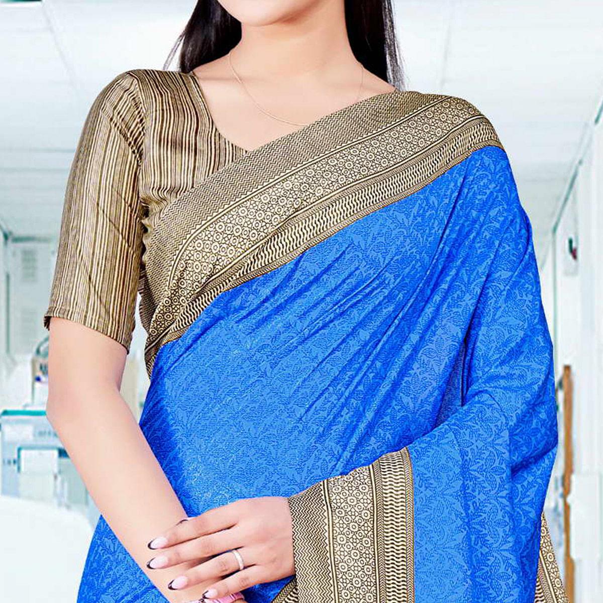 Royal Blue Casual Wear Printed Silk Saree - Peachmode