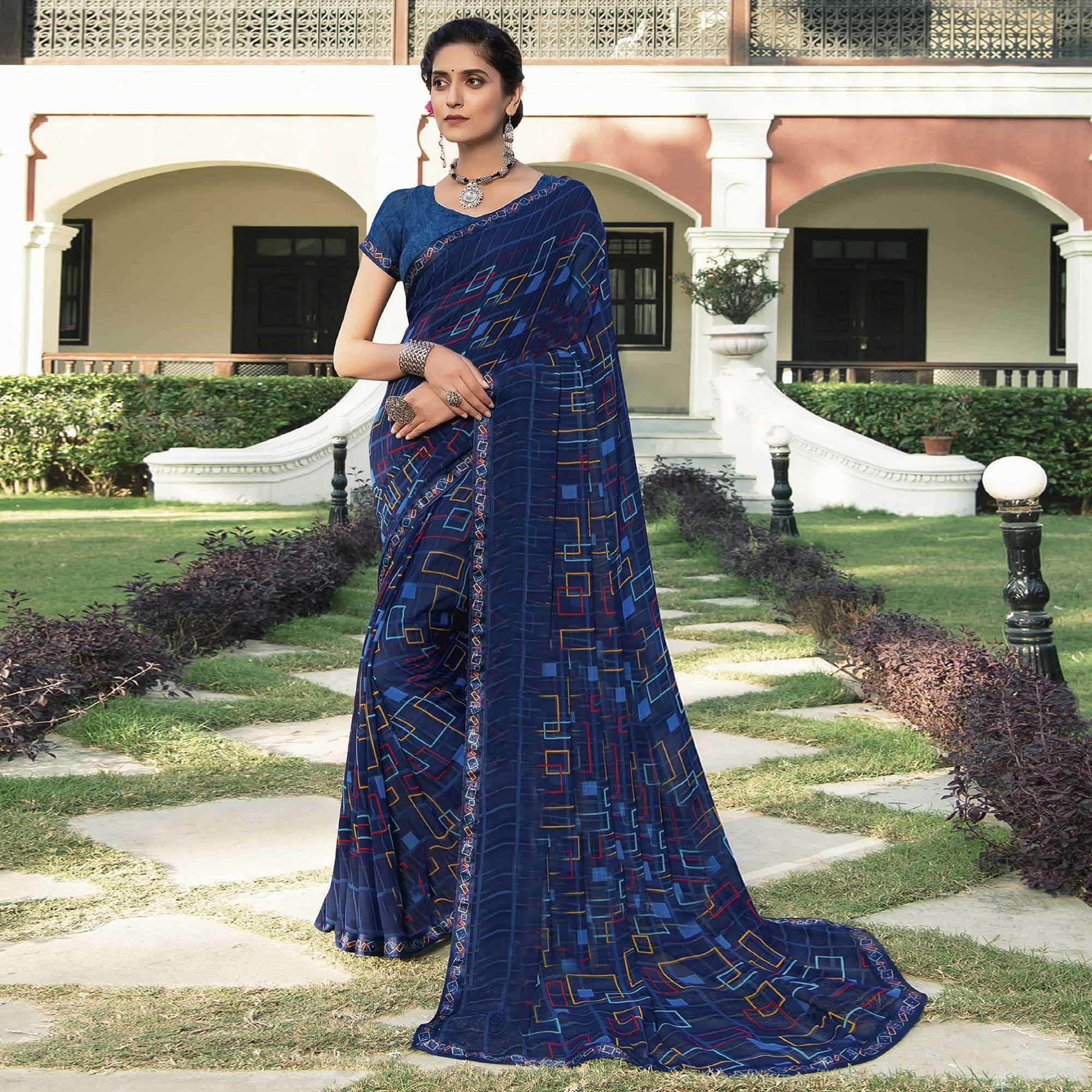 Royal Blue Casual Wear Solid Georgette Saree - Peachmode