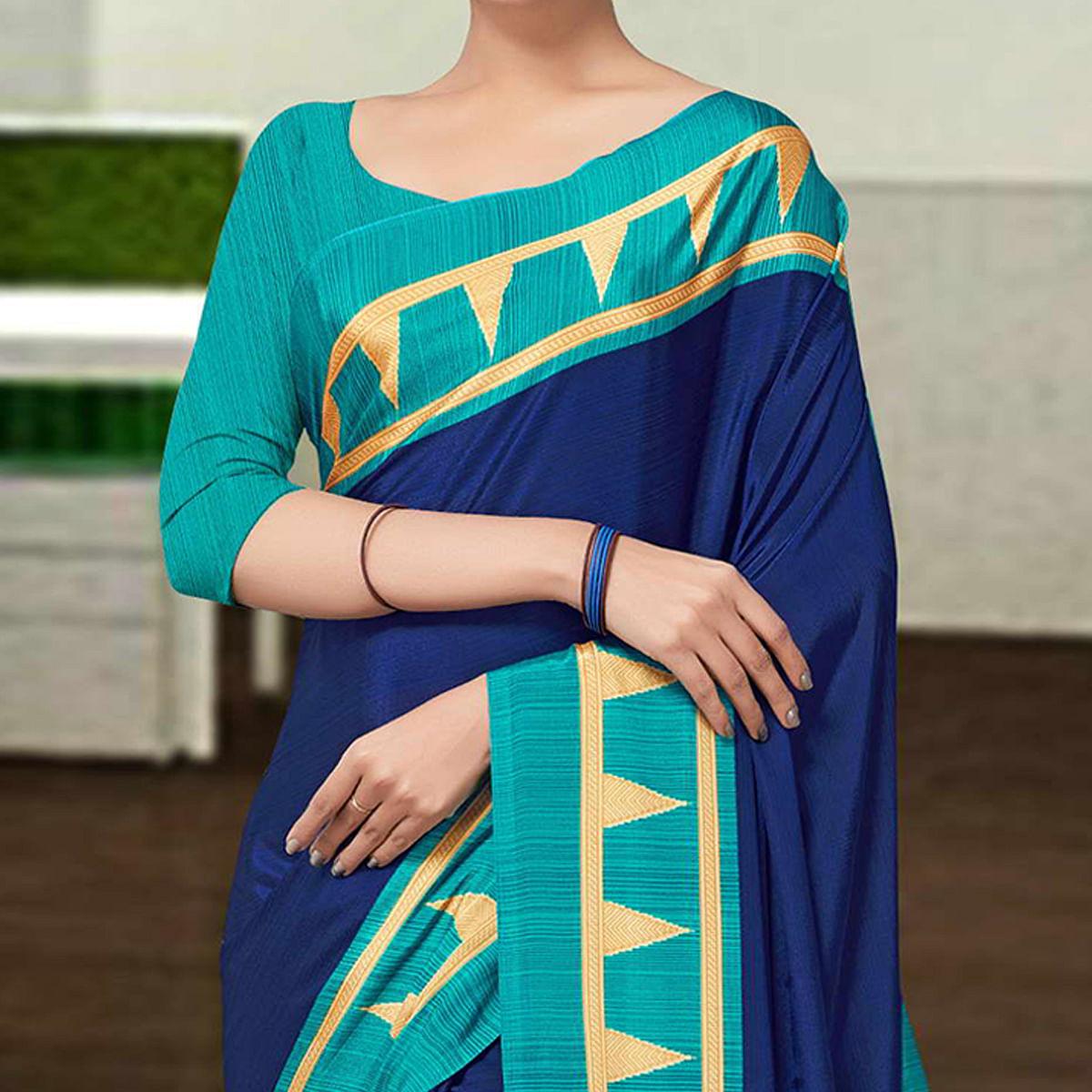 Royal Blue Casual Wear Solid Silk Saree - Peachmode