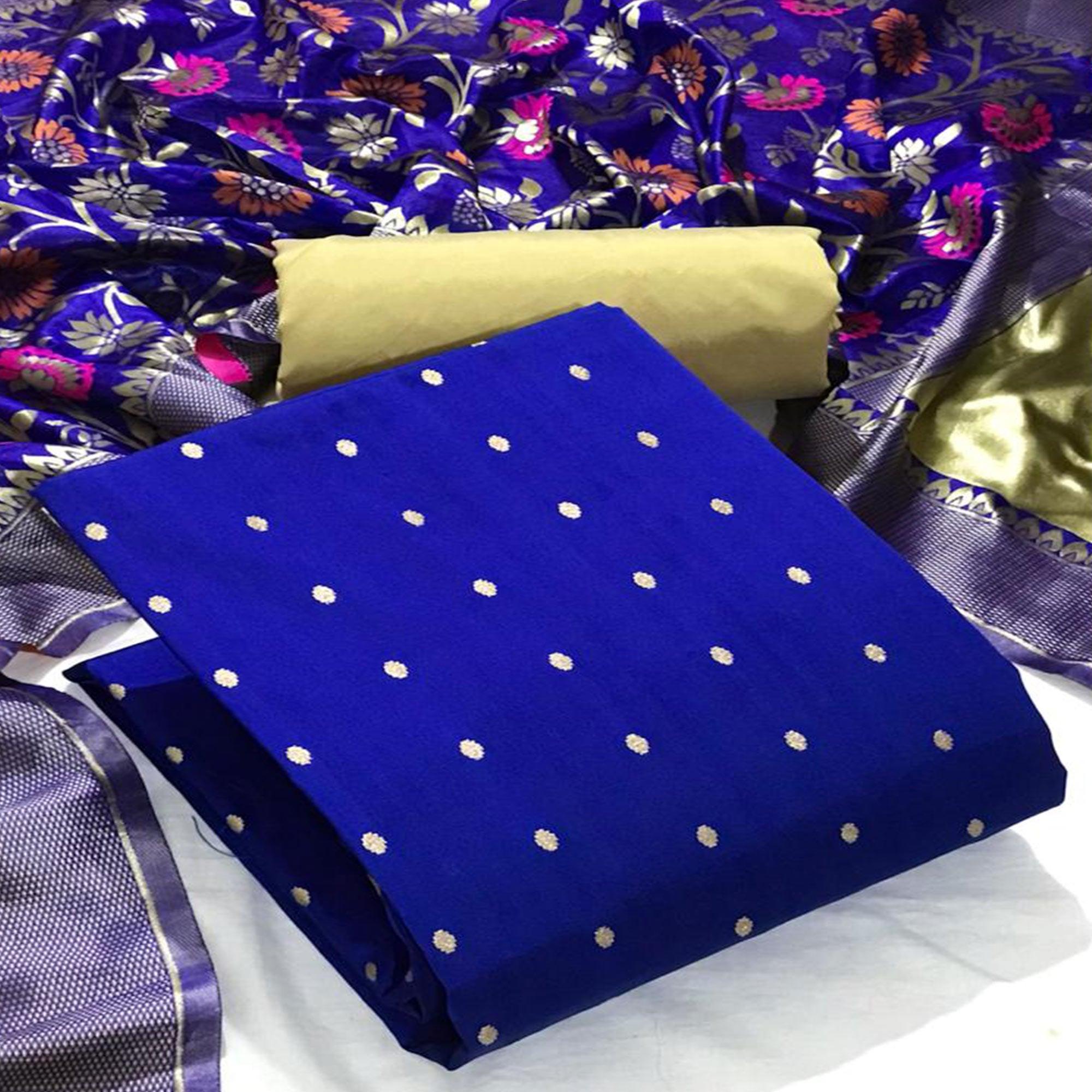 Royal Blue Casual Wear Woven Banarasi Silk Dress Material - Peachmode
