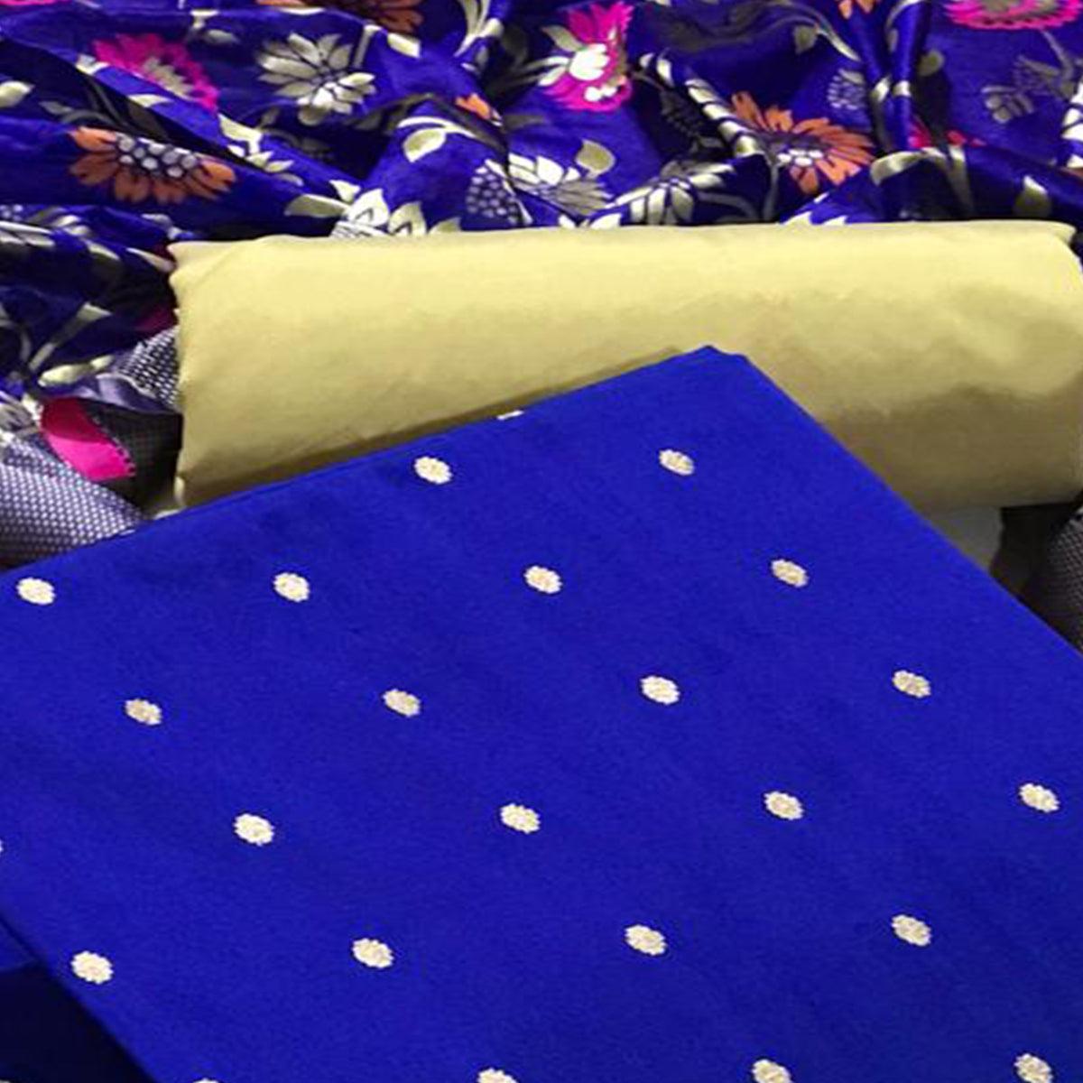 Royal Blue Casual Wear Woven Banarasi Silk Dress Material - Peachmode