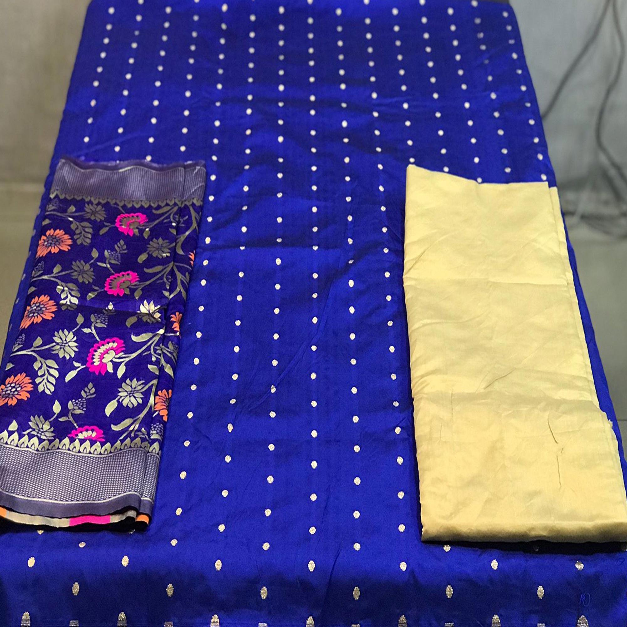 Royal Blue Casual Wear Woven Banarasi Silk Dress Material - Peachmode