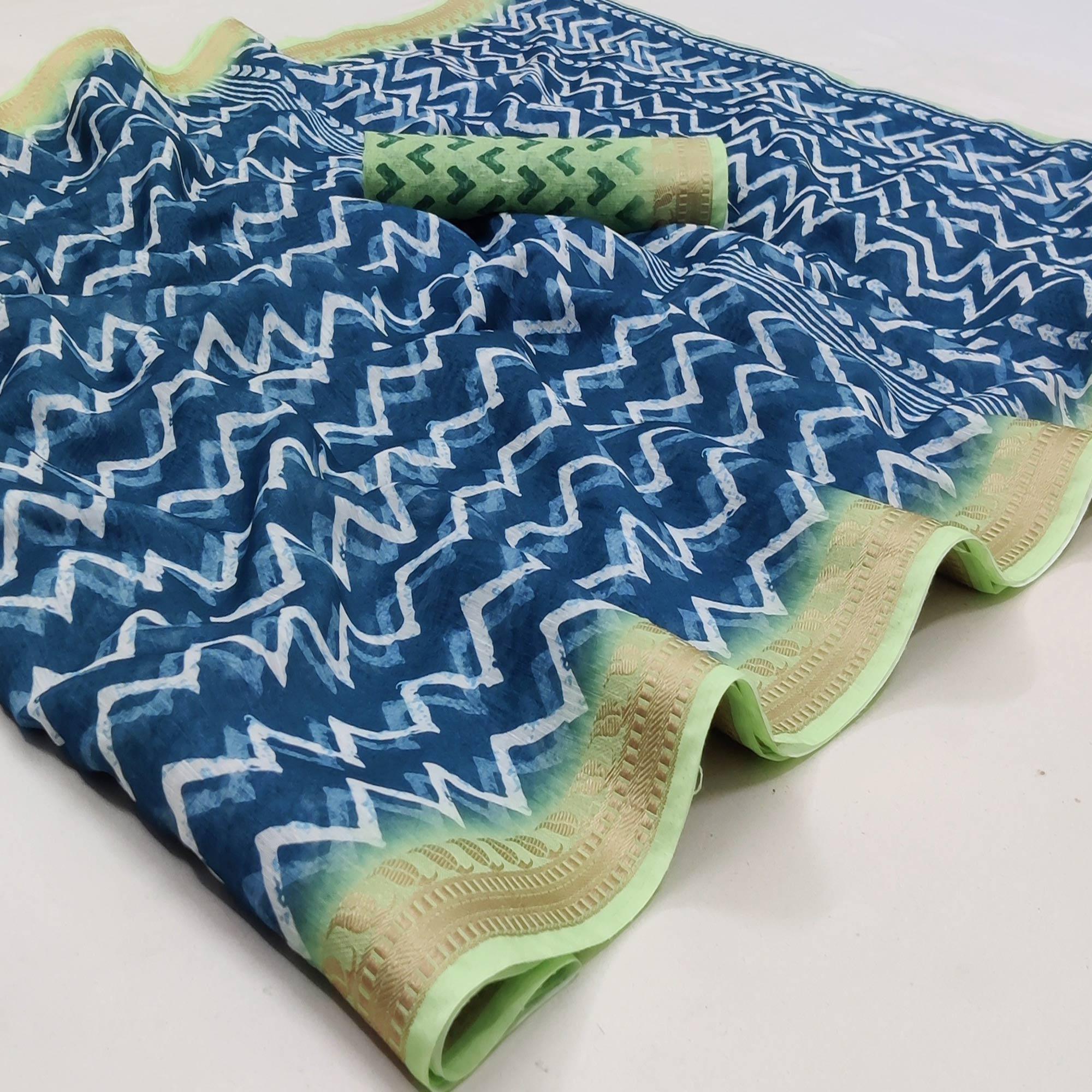 Royal Blue Casual Wear Zigzag Digital Printed Linen Saree - Peachmode