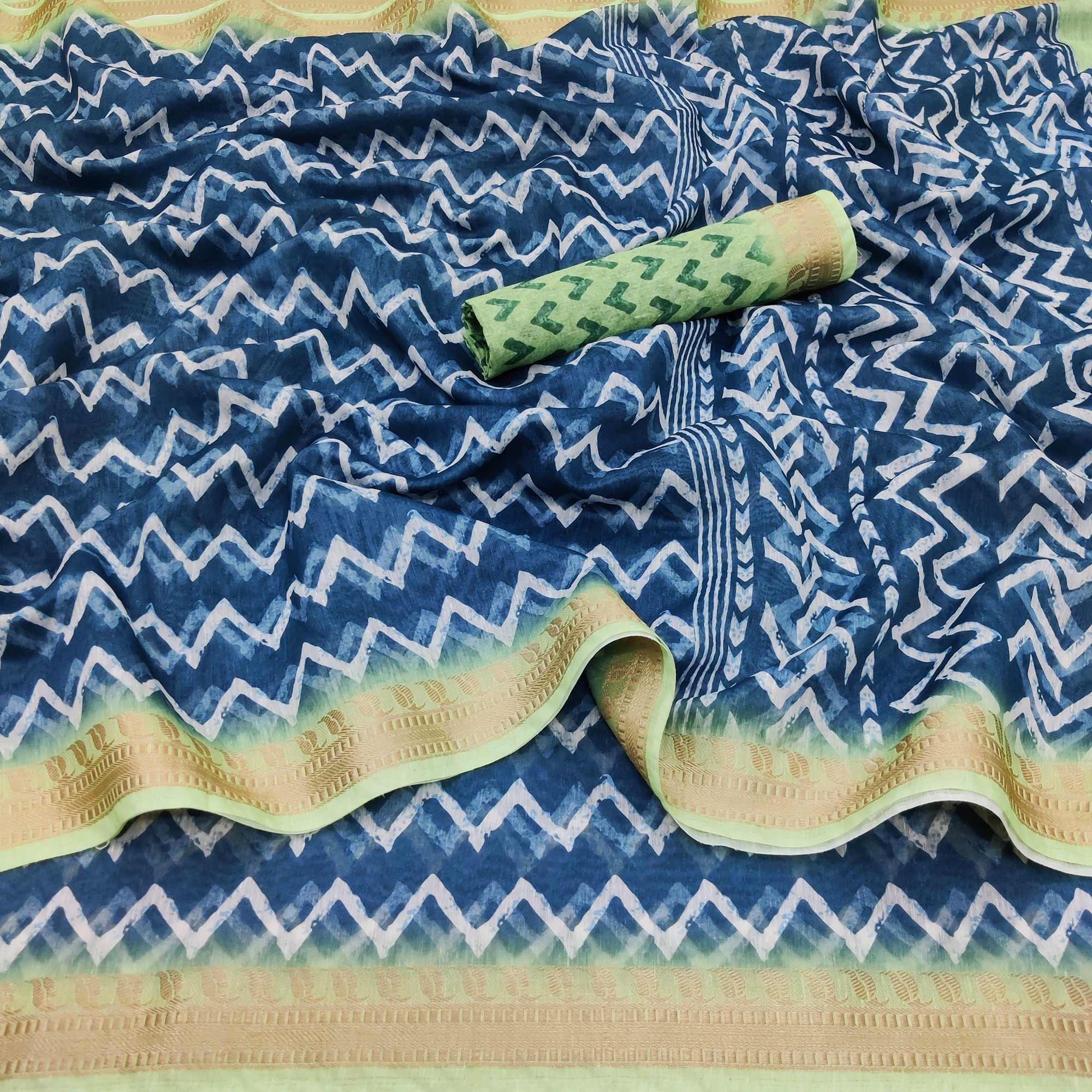Royal Blue Casual Wear Zigzag Digital Printed Linen Saree - Peachmode