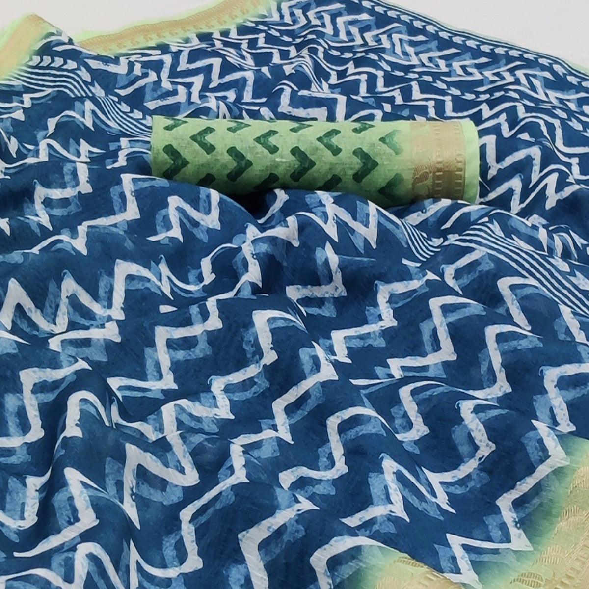 Royal Blue Casual Wear Zigzag Digital Printed Linen Saree - Peachmode