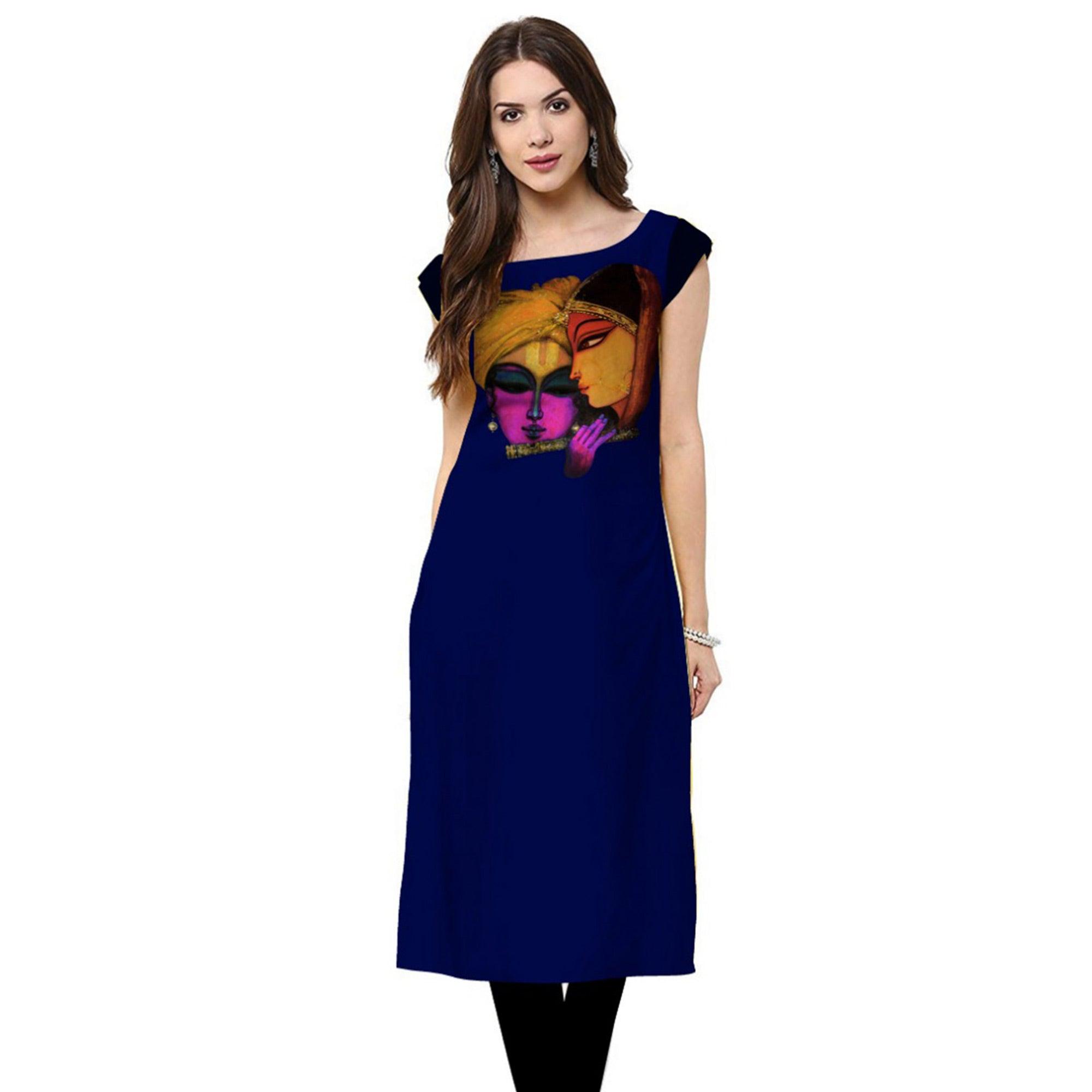 Royal Blue Digital Printed Crepe Kurti - Peachmode