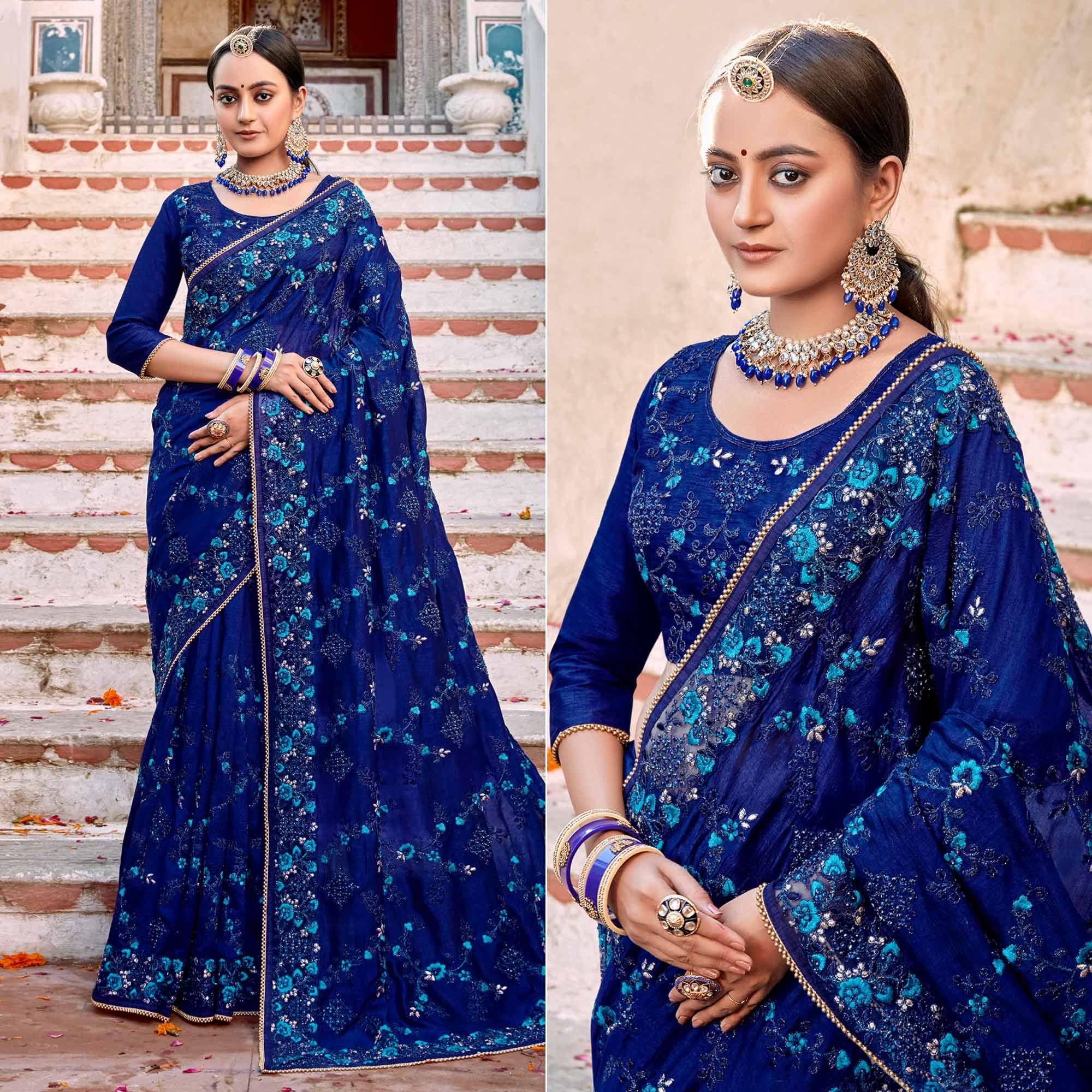 Royal Blue Embellished With Embroidered Art Silk Saree - Peachmode