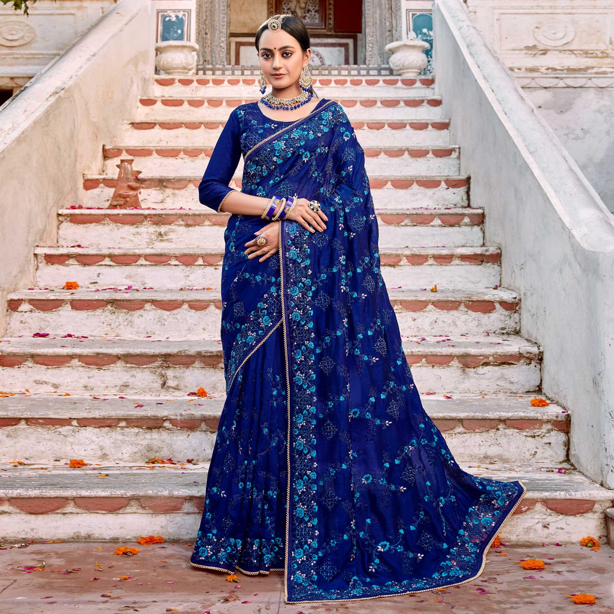 Royal Blue Embellished With Embroidered Art Silk Saree - Peachmode