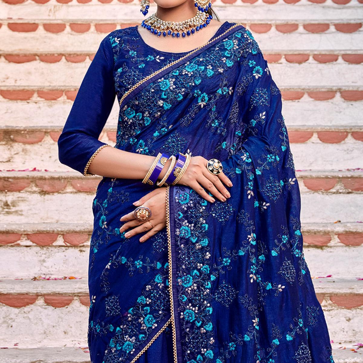 Royal Blue Embellished With Embroidered Art Silk Saree - Peachmode