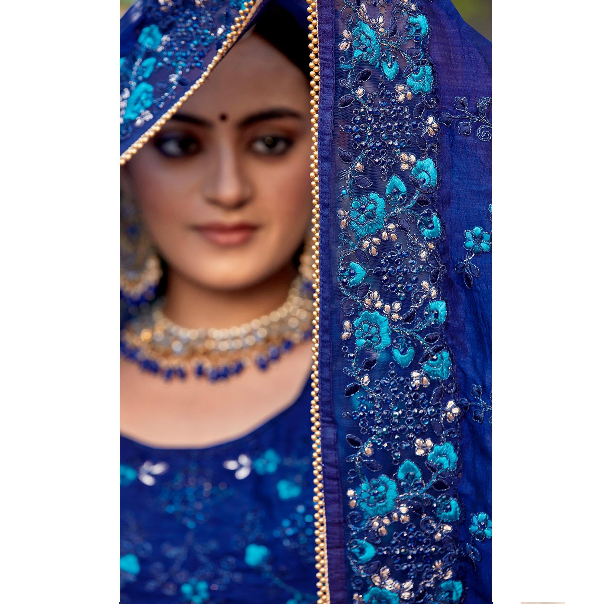 Royal Blue Embellished With Embroidered Art Silk Saree - Peachmode