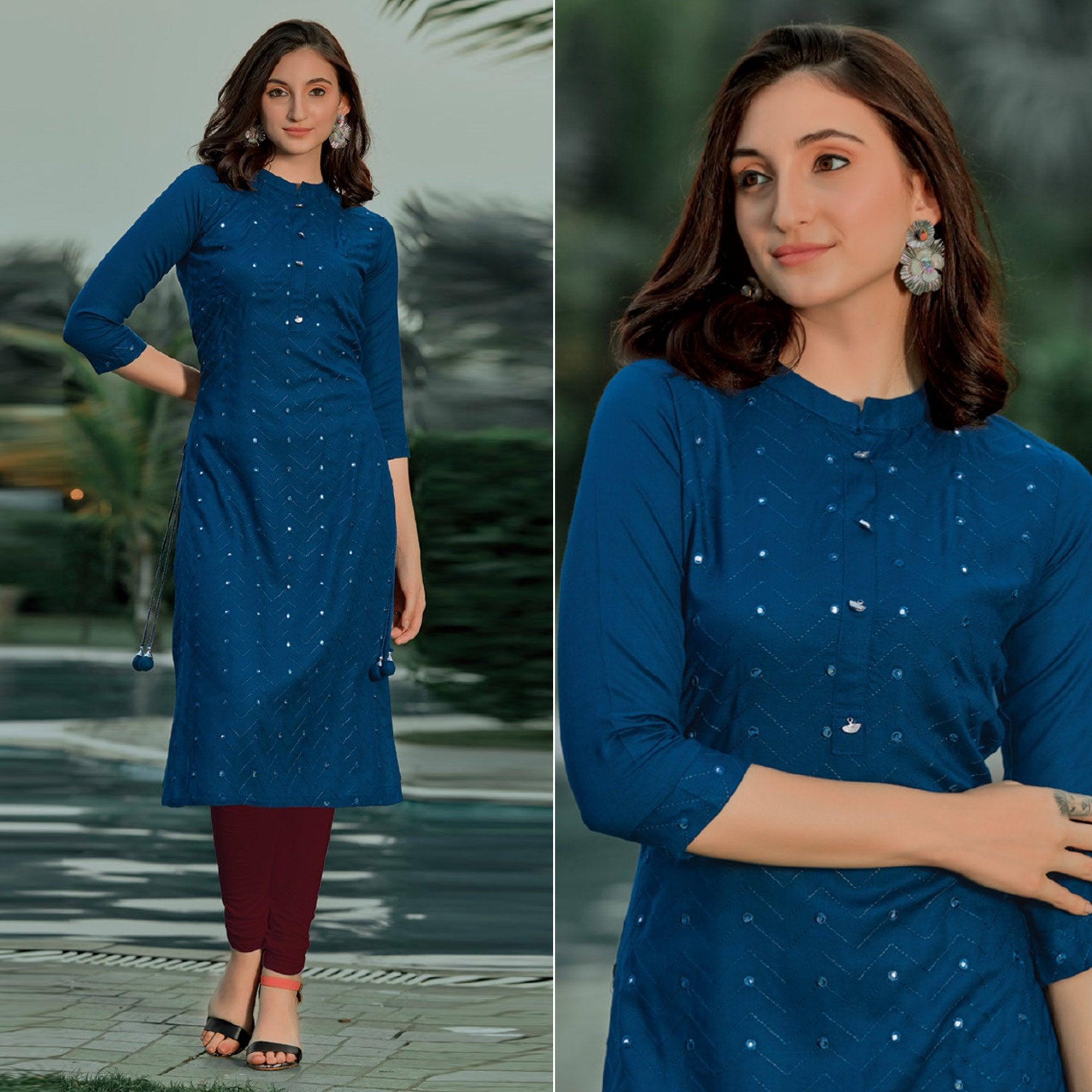 Royal Blue Embellished With Embroidered Cotton Kurti - Peachmode