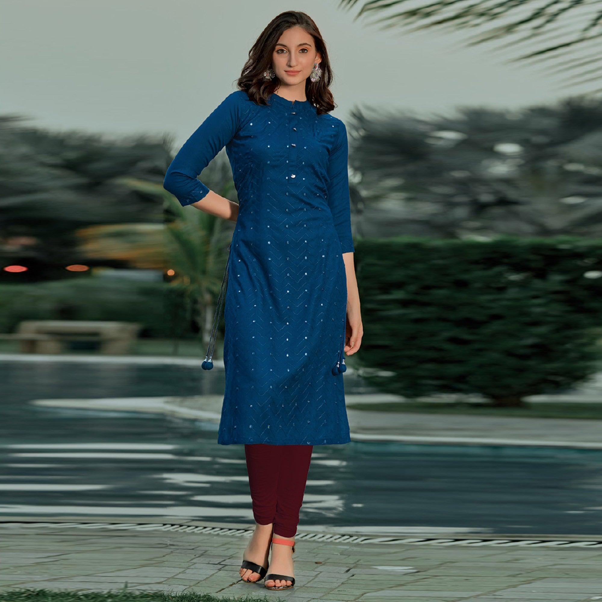 Royal Blue Embellished With Embroidered Cotton Kurti - Peachmode