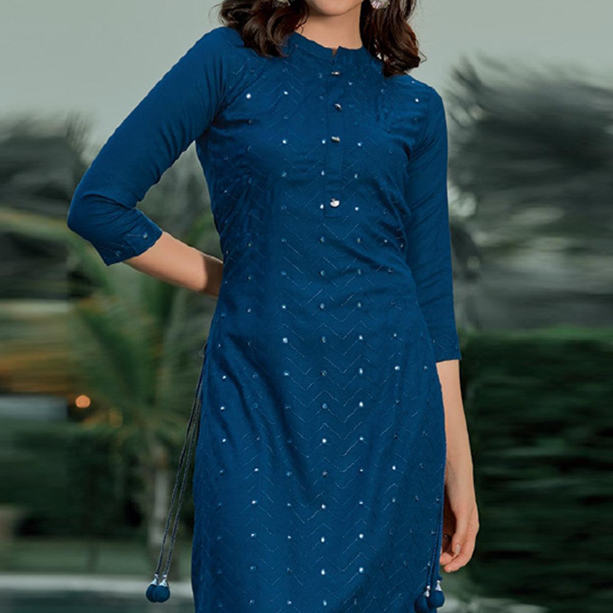 Royal Blue Embellished With Embroidered Cotton Kurti - Peachmode
