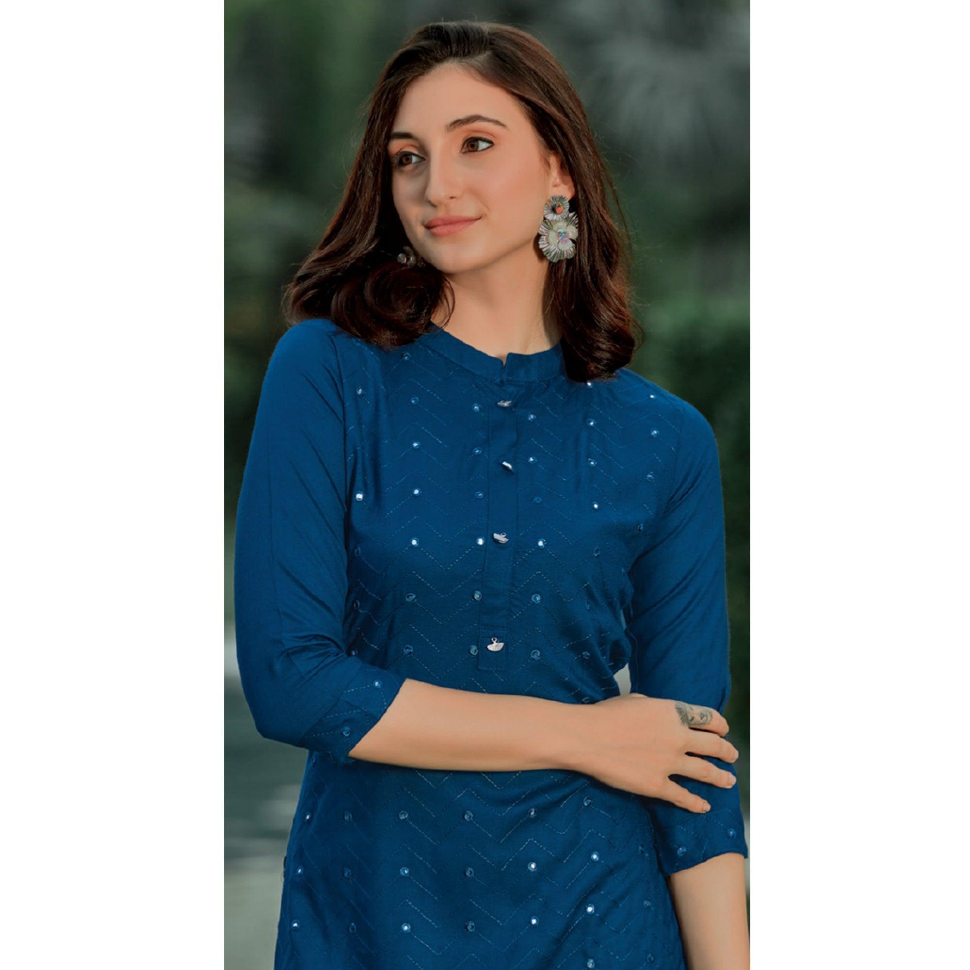 Royal Blue Embellished With Embroidered Cotton Kurti - Peachmode