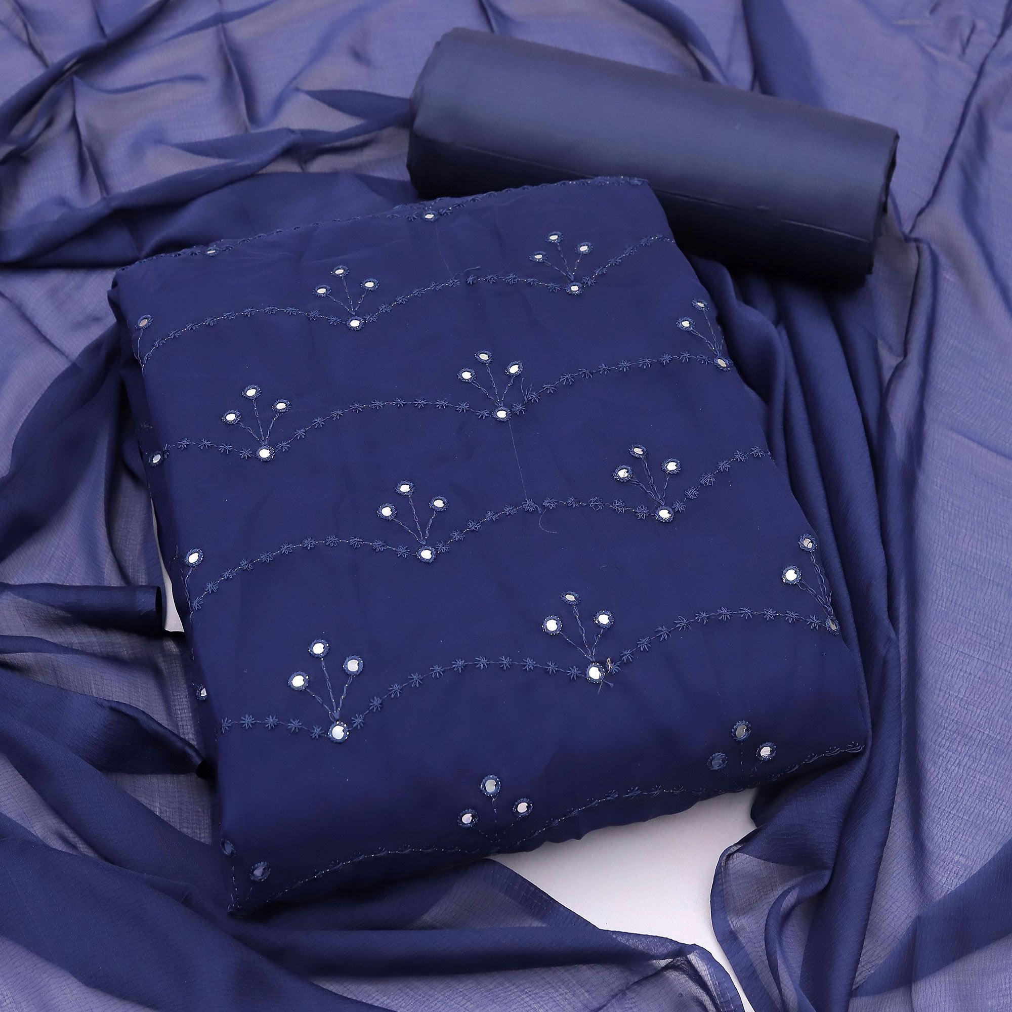 Royal Blue Embellished With Embroidered Georgette Dress Material - Peachmode