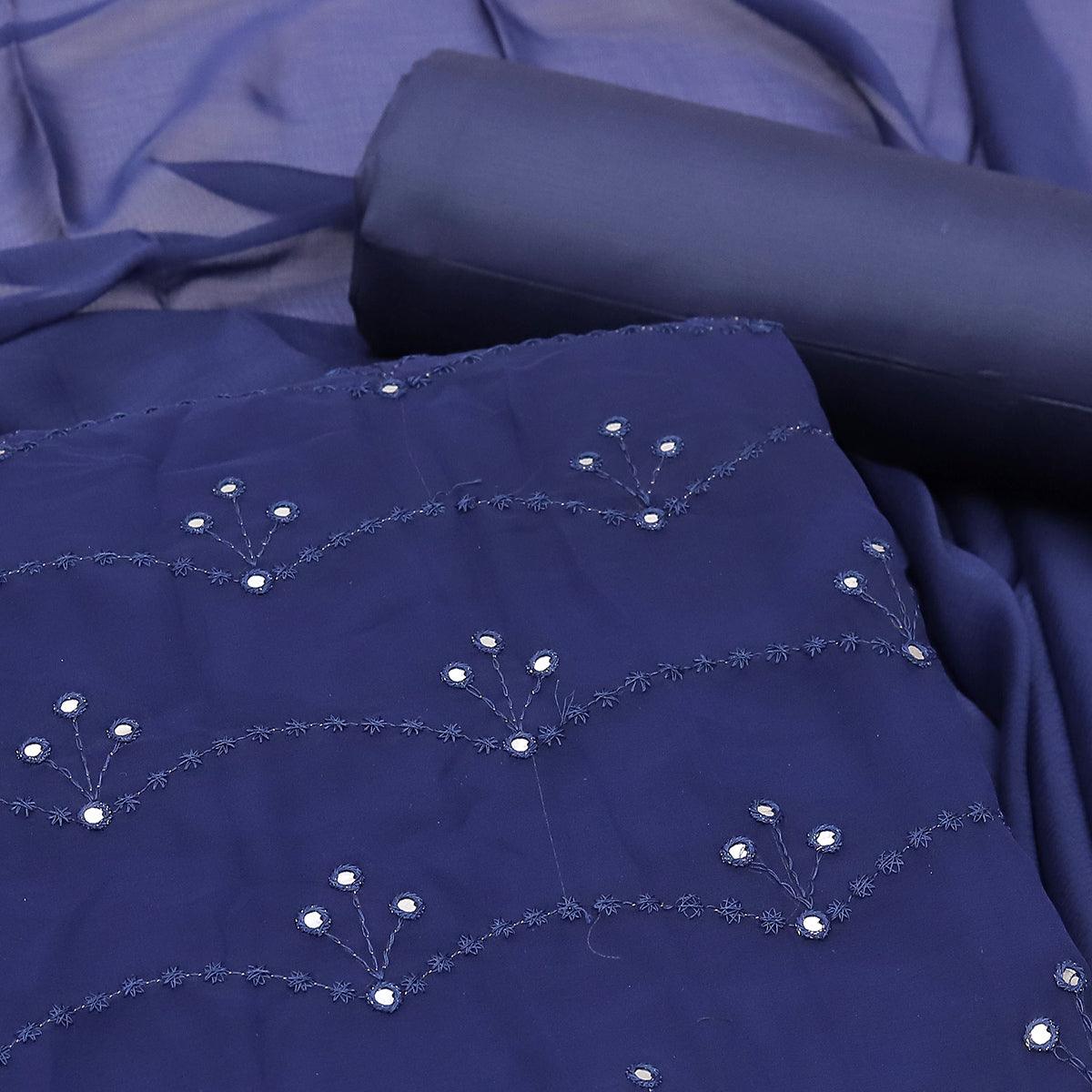 Royal Blue Embellished With Embroidered Georgette Dress Material - Peachmode
