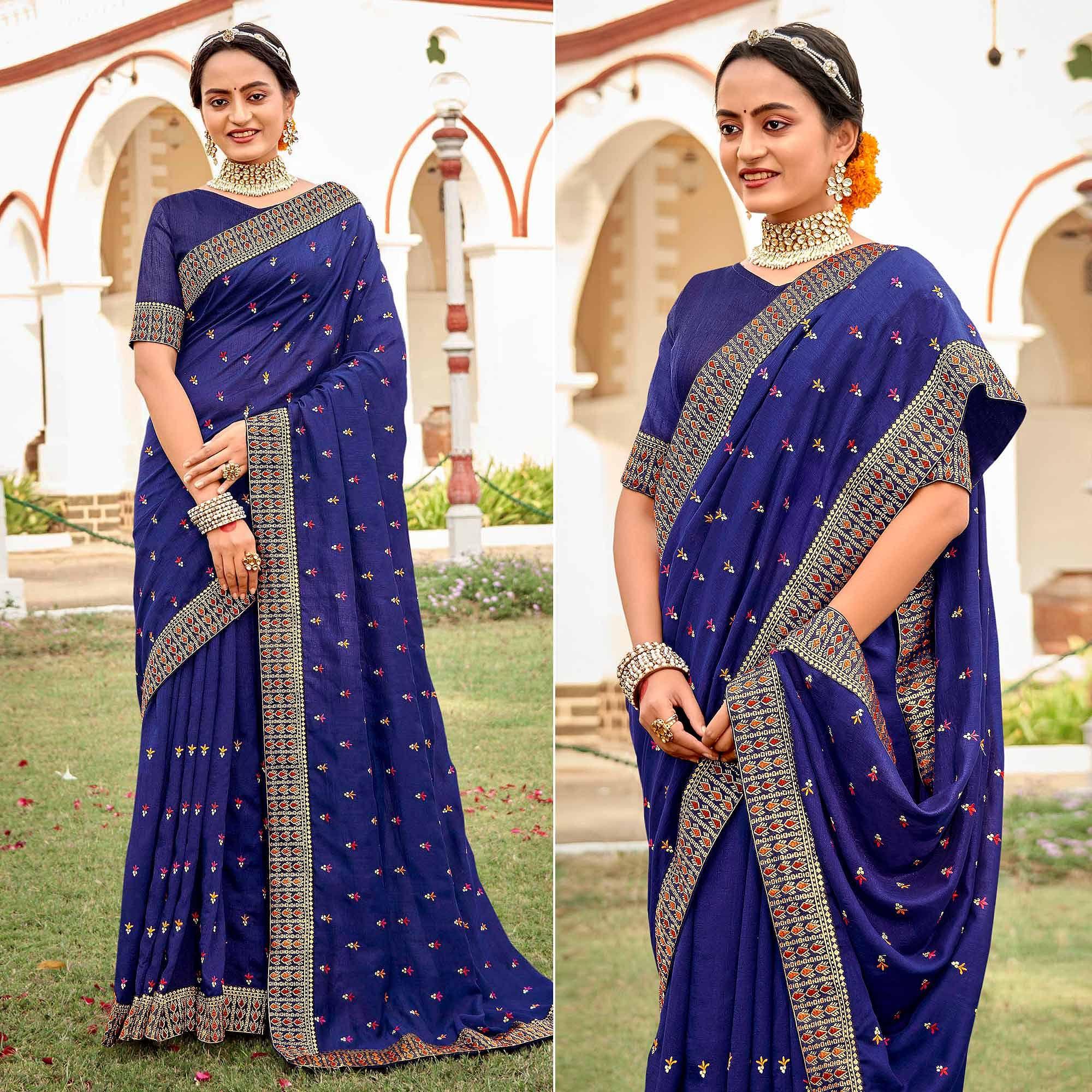 Royal Blue Embellished With Embroidered Vichitra Silk Saree - Peachmode
