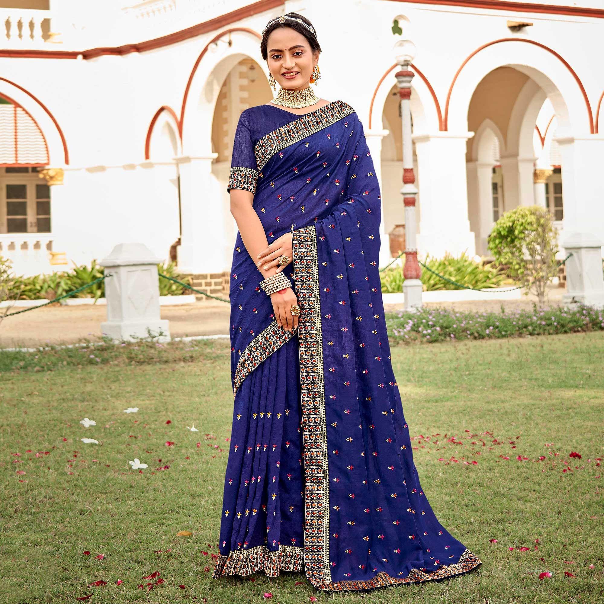 Royal Blue Embellished With Embroidered Vichitra Silk Saree - Peachmode