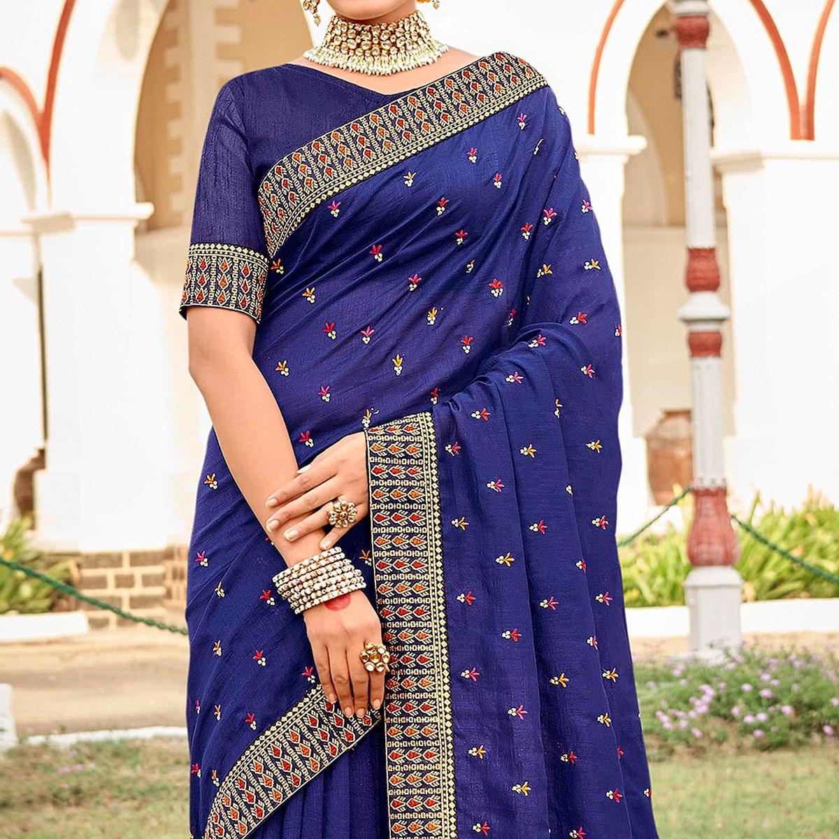 Royal Blue Embellished With Embroidered Vichitra Silk Saree - Peachmode