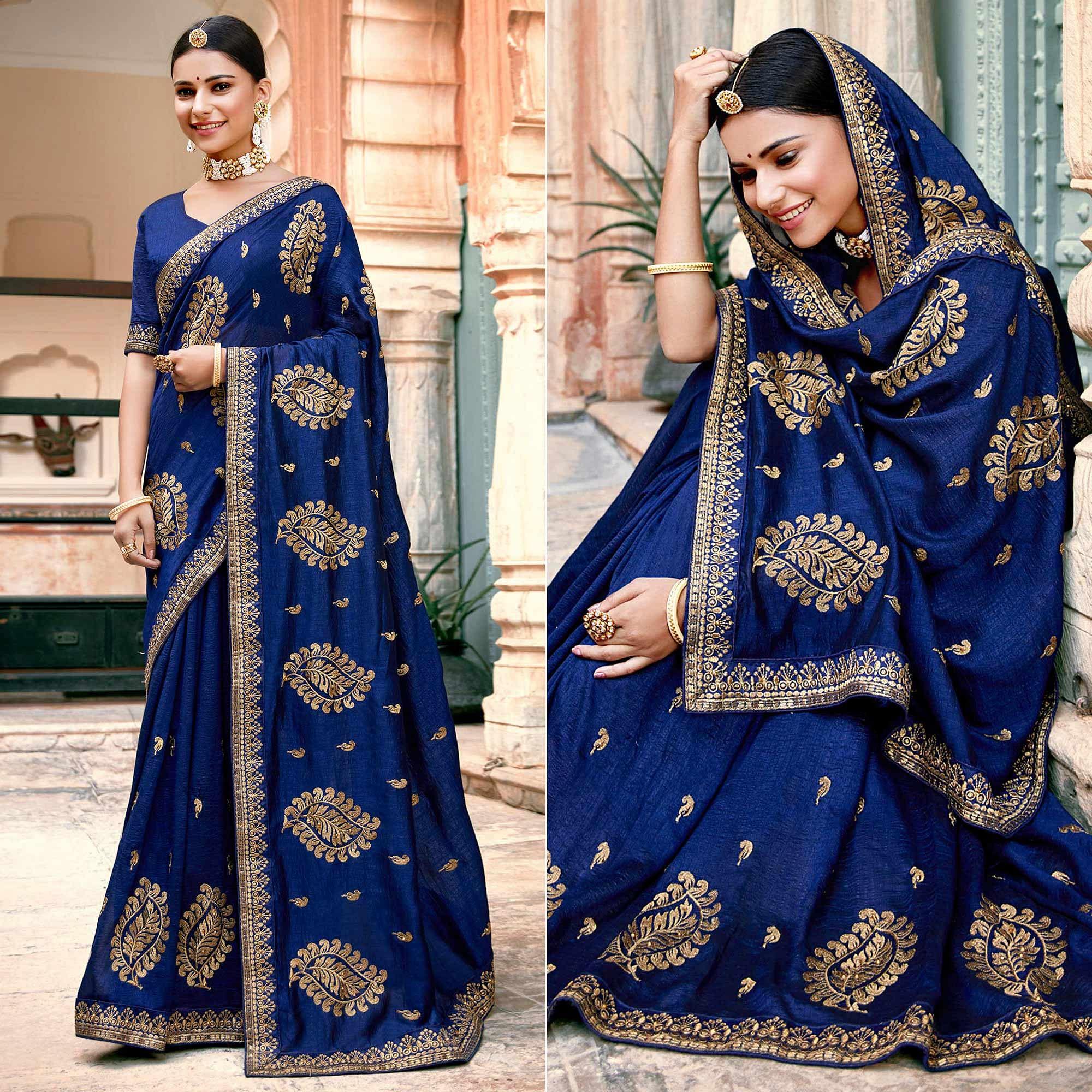 Royal Blue Embellished With Woven Vichitra Silk Saree - Peachmode