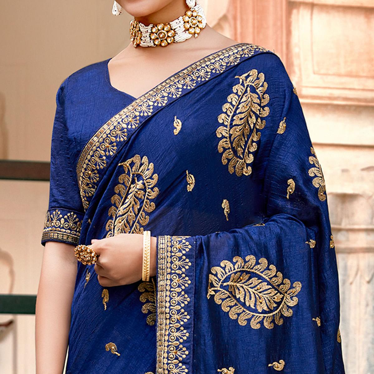 Royal Blue Embellished With Woven Vichitra Silk Saree - Peachmode