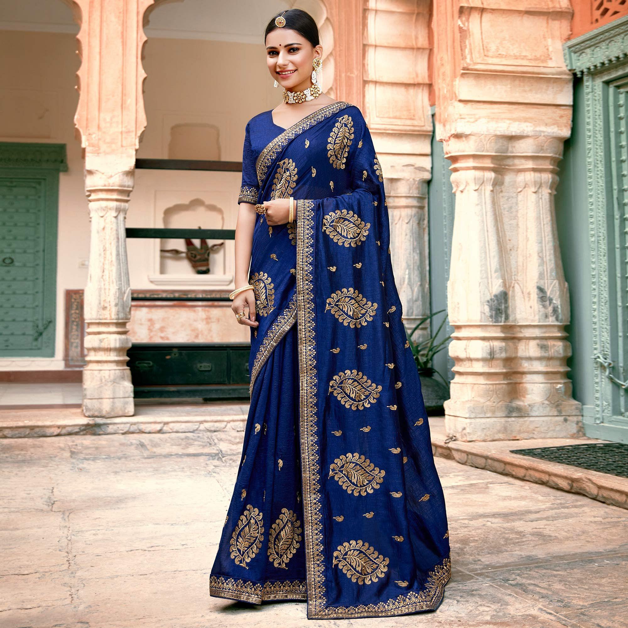 Royal Blue Embellished With Woven Vichitra Silk Saree - Peachmode