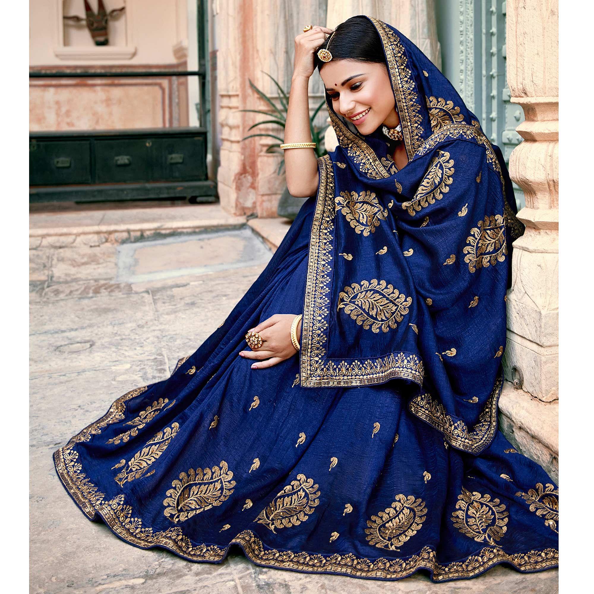 Royal Blue Embellished With Woven Vichitra Silk Saree - Peachmode