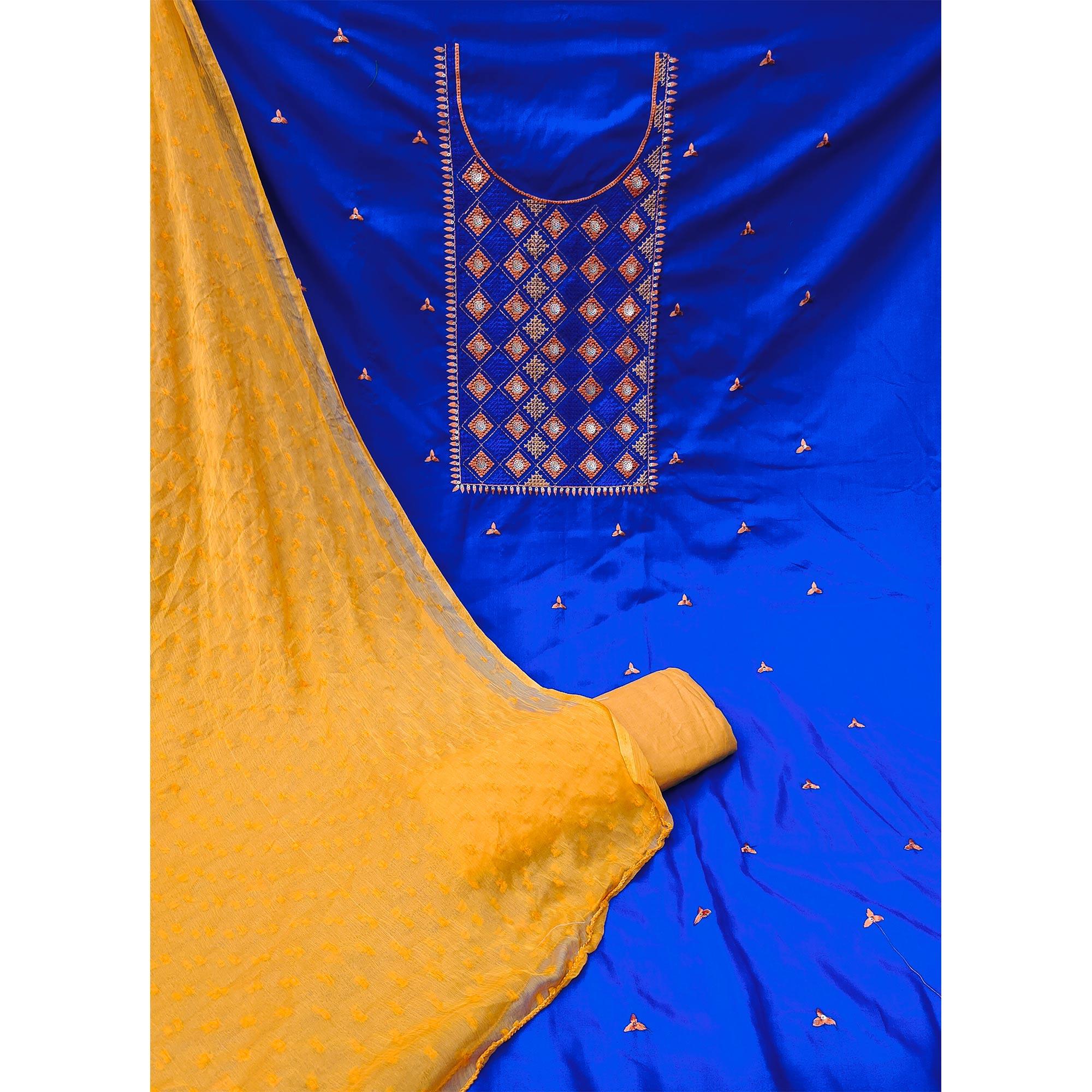 Royal Blue Embroidered Cotton Blend Dress Material - Peachmode