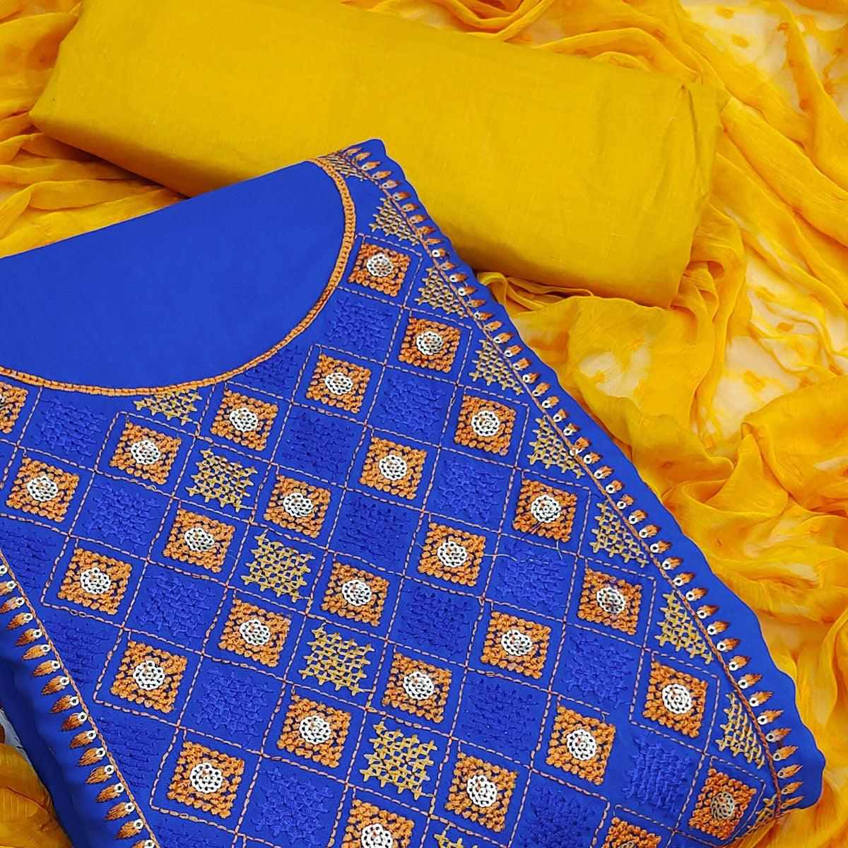 Royal Blue Embroidered Cotton Blend Dress Material - Peachmode