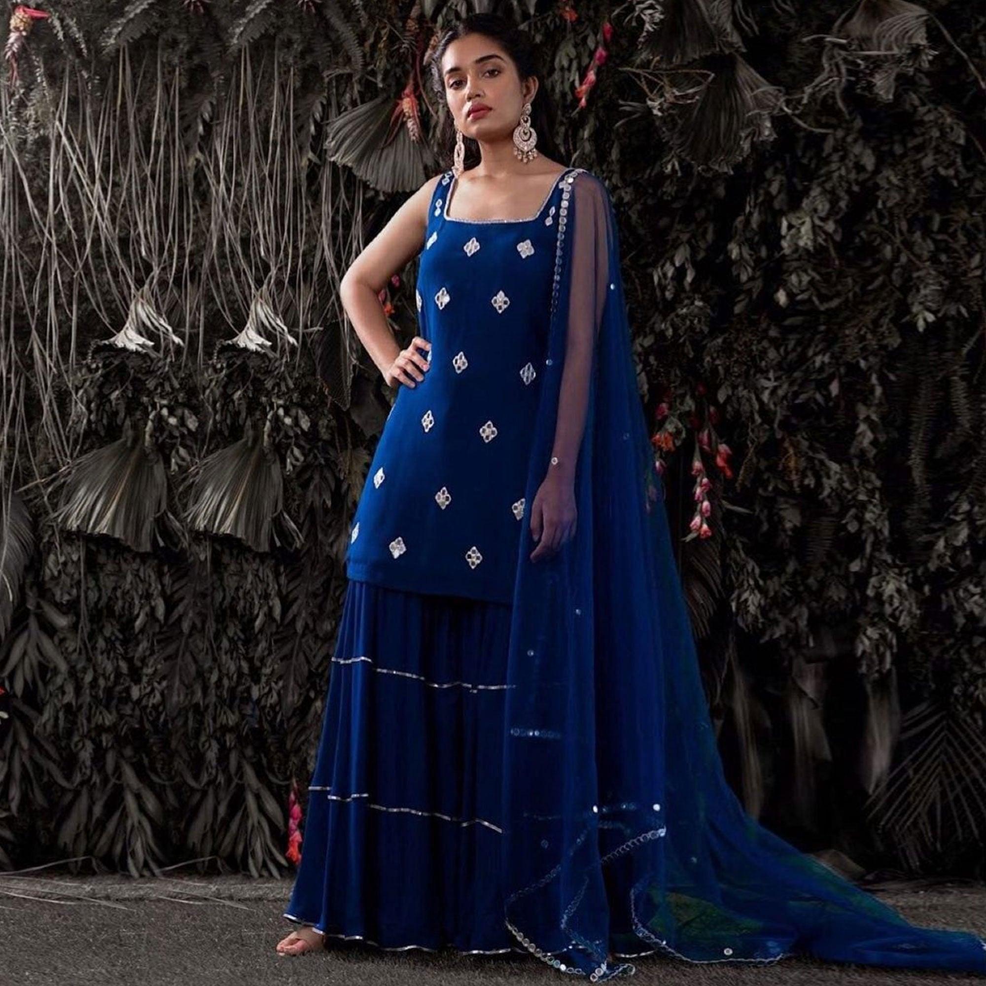 Royal Blue Embroidered Georgette Sharara Suit - Peachmode