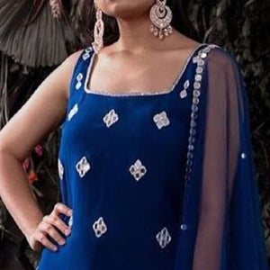 Royal Blue Embroidered Georgette Sharara Suit - Peachmode