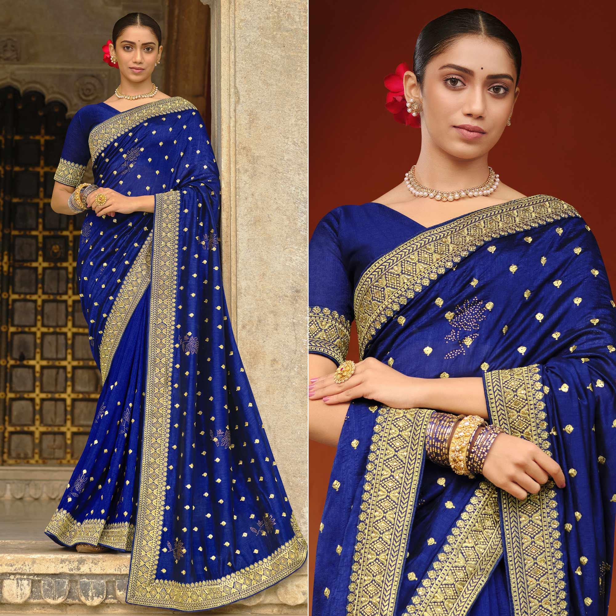Royal Blue Embroidered Vichitra Silk Saree - Peachmode