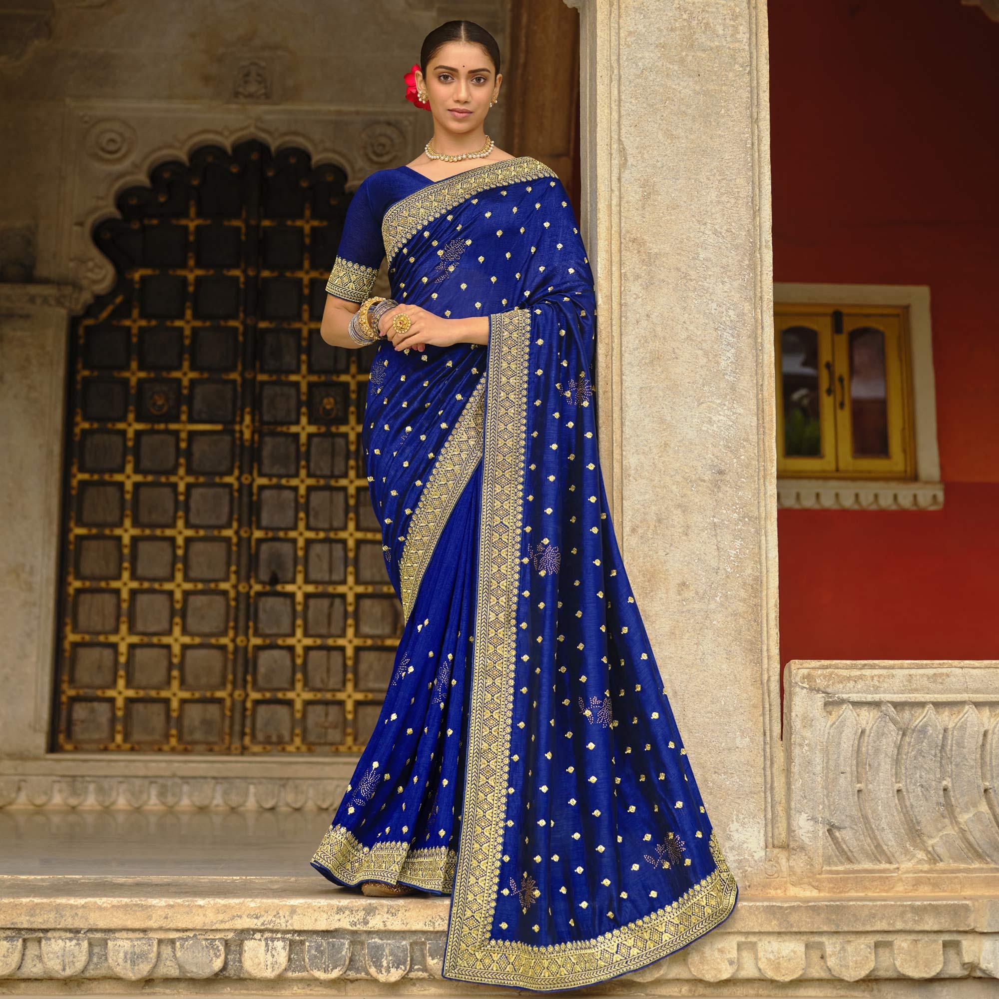 Royal Blue Embroidered Vichitra Silk Saree - Peachmode