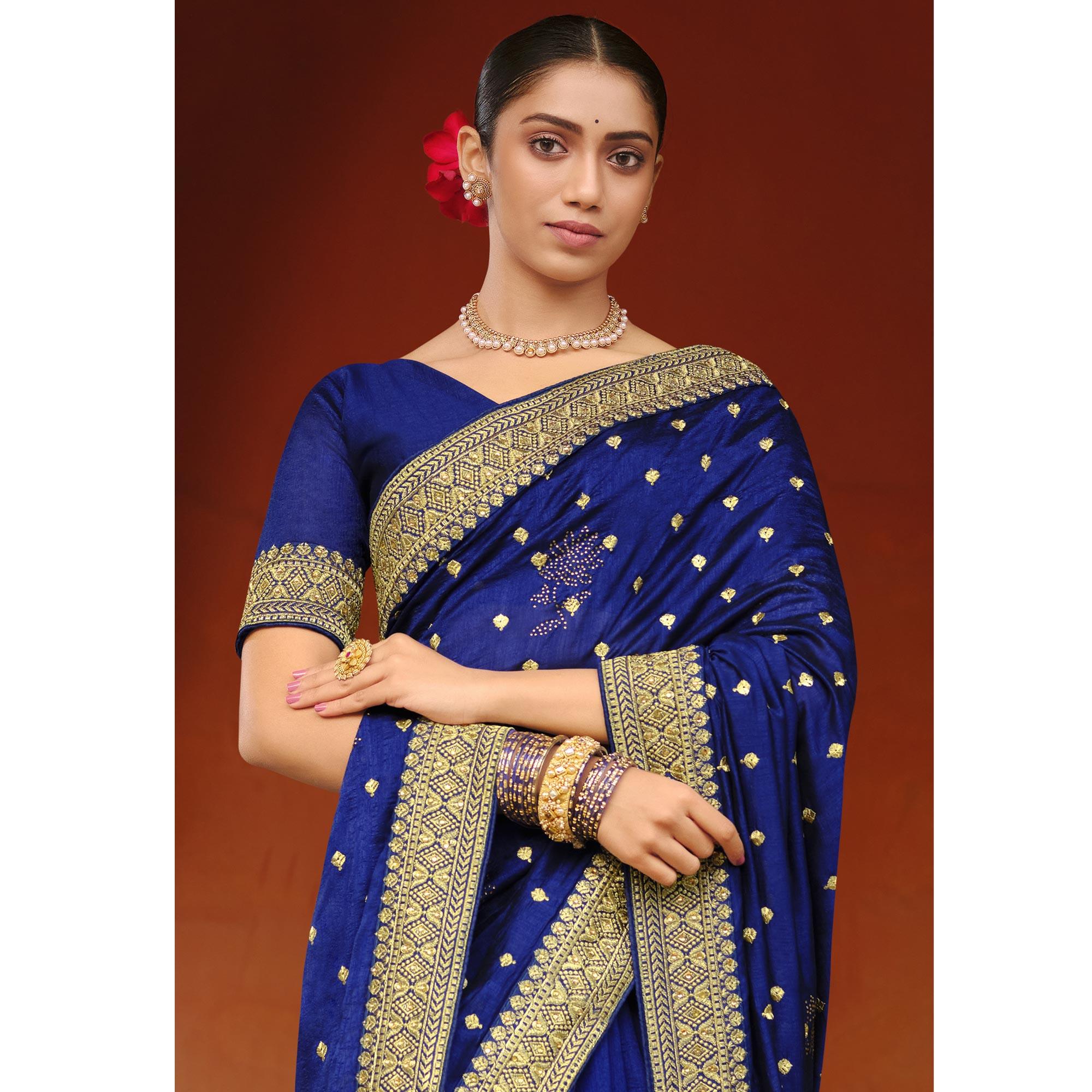 Royal Blue Embroidered Vichitra Silk Saree - Peachmode