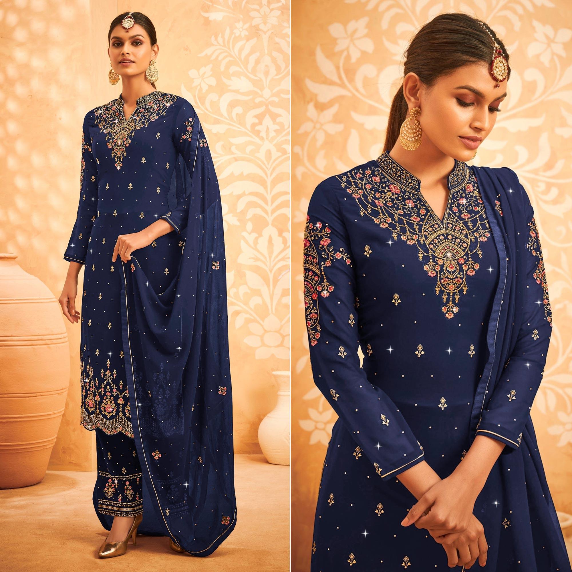 Royal Blue Embroidered With Embellished Georgette Palazzo Suit - Peachmode
