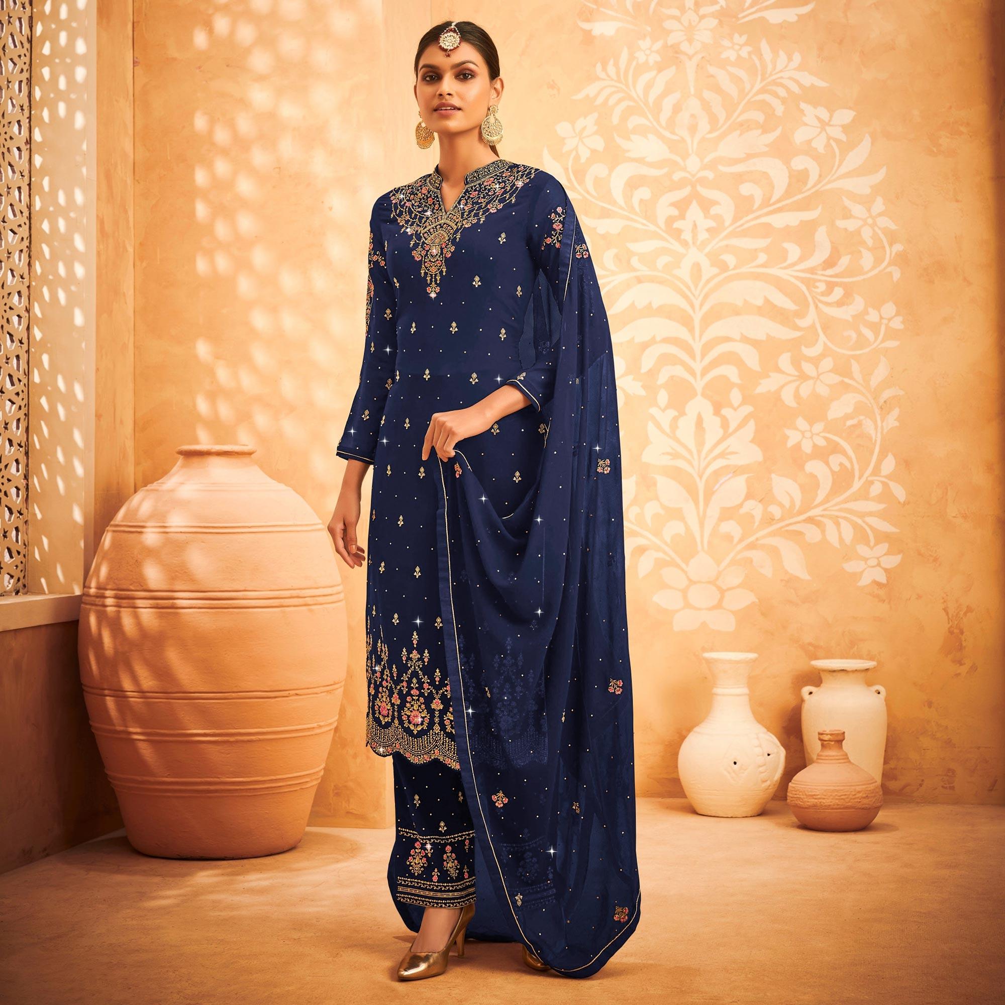 Royal Blue Embroidered With Embellished Georgette Palazzo Suit - Peachmode