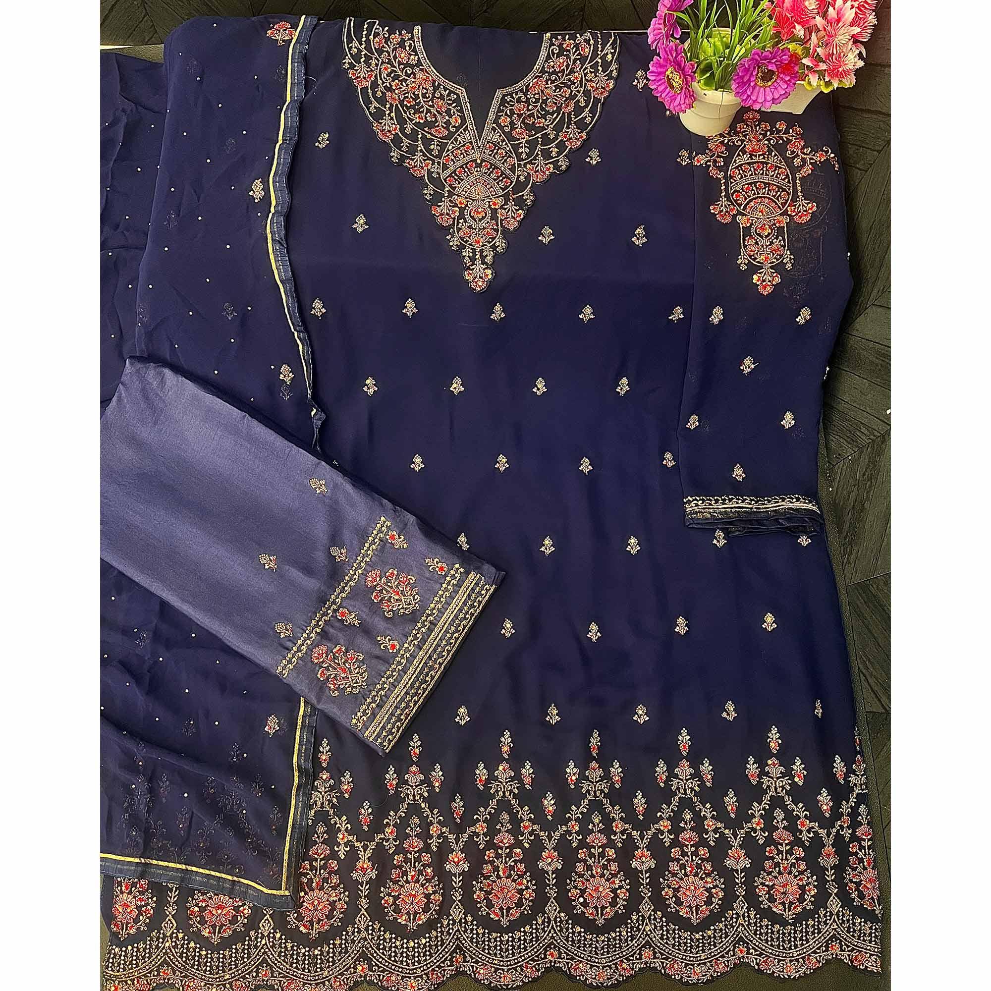 Royal Blue Embroidered With Embellished Georgette Palazzo Suit - Peachmode