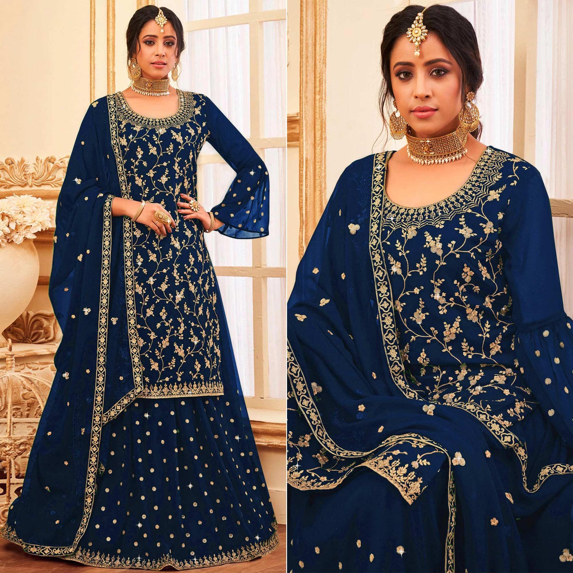 Royal Blue Embroidered With Embellished Georgette Sharara Suit - Peachmode